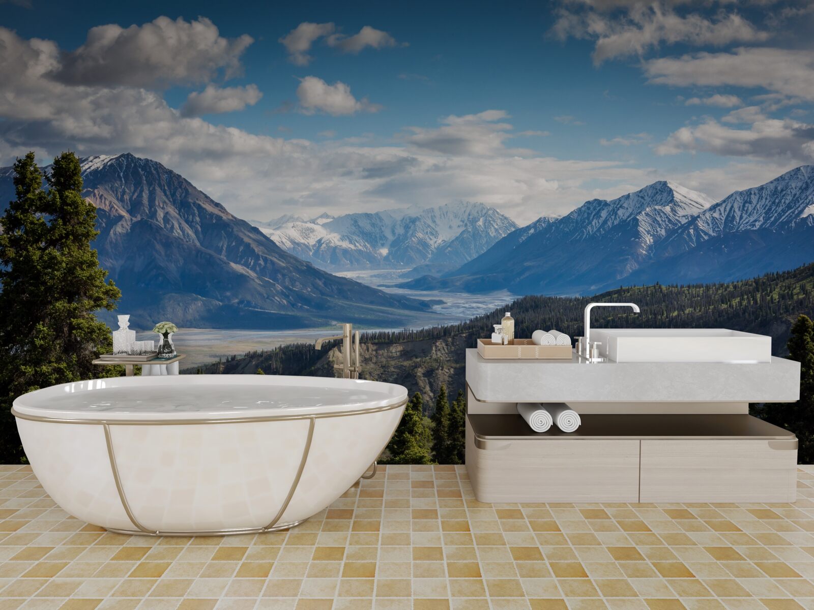 Fototapet o ramură a munților acoperită de copaci la marginea pădurii