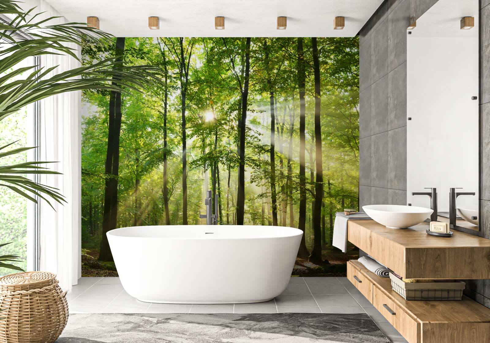 Fototapet razele soarelui pătrund prin pădurea verde și ordonată