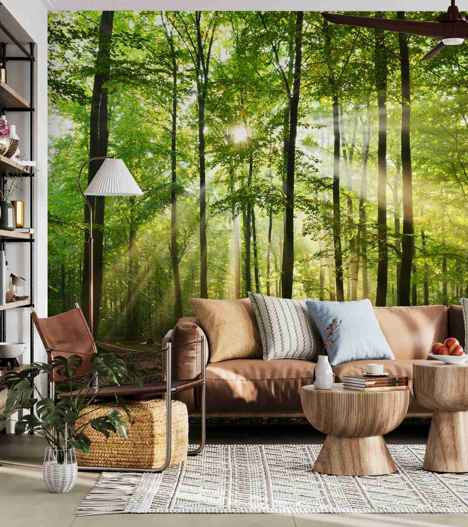 Fototapet razele soarelui pătrund prin pădurea verde și ordonată