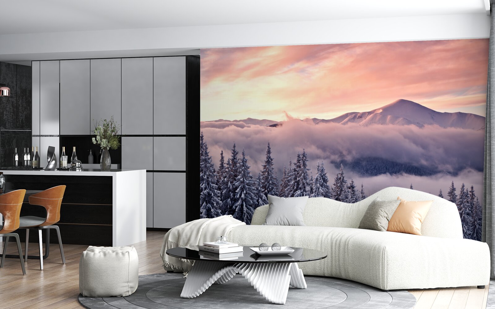 Fototapet apusul de soare învăluit în ceață în munți pictează spațiul în tonuri roz reci