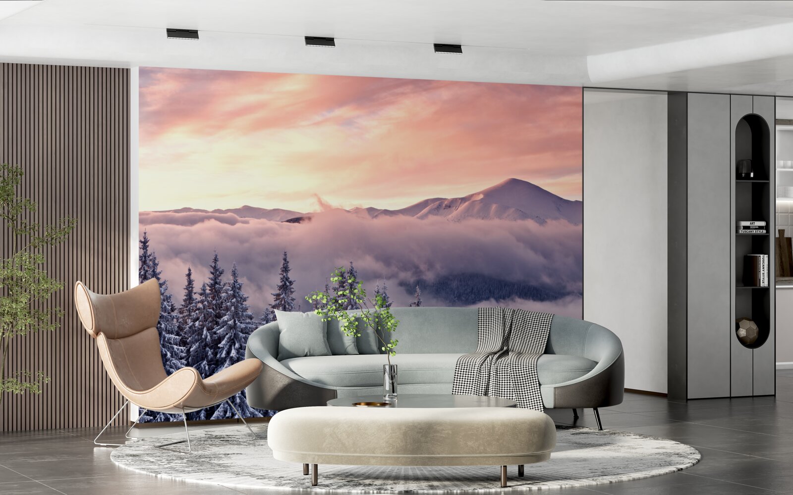 Fototapet apusul de soare învăluit în ceață în munți pictează spațiul în tonuri roz reci