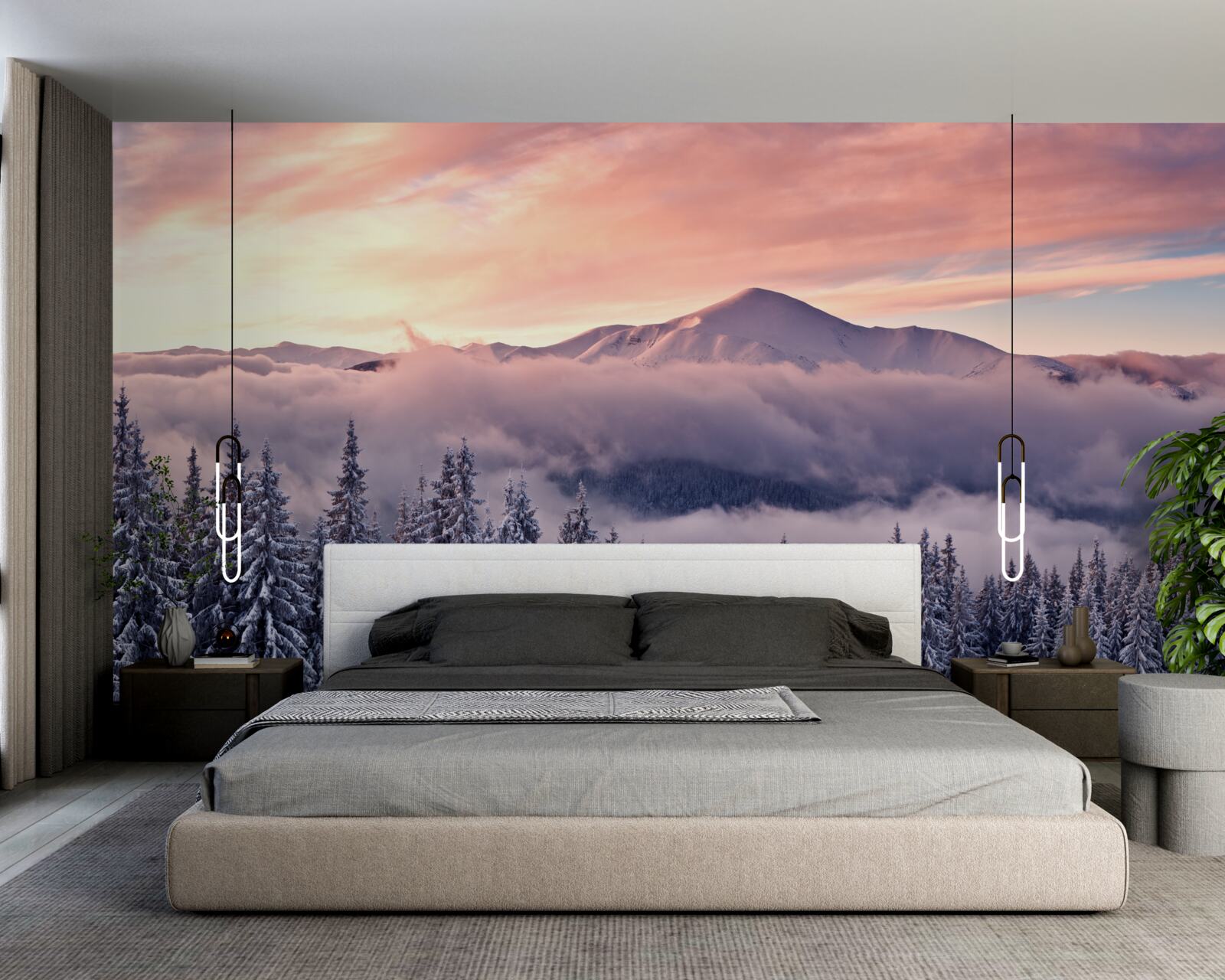 Fototapet apusul de soare învăluit în ceață în munți pictează spațiul în tonuri roz reci