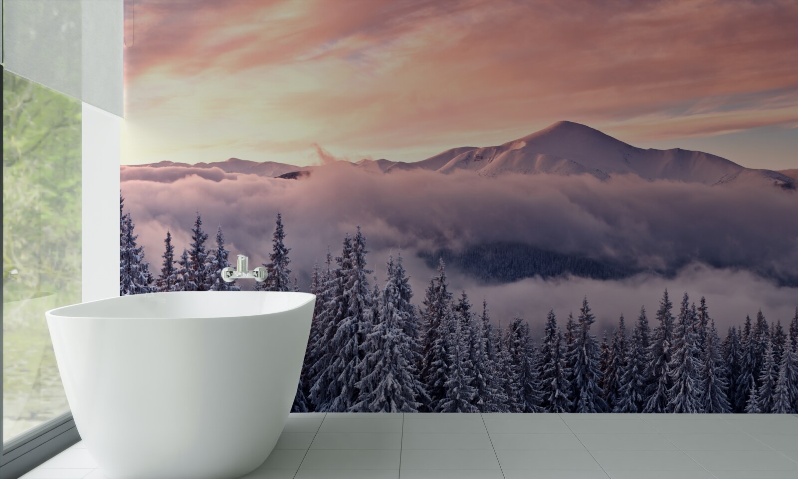 Fototapet apusul de soare învăluit în ceață în munți pictează spațiul în tonuri roz reci