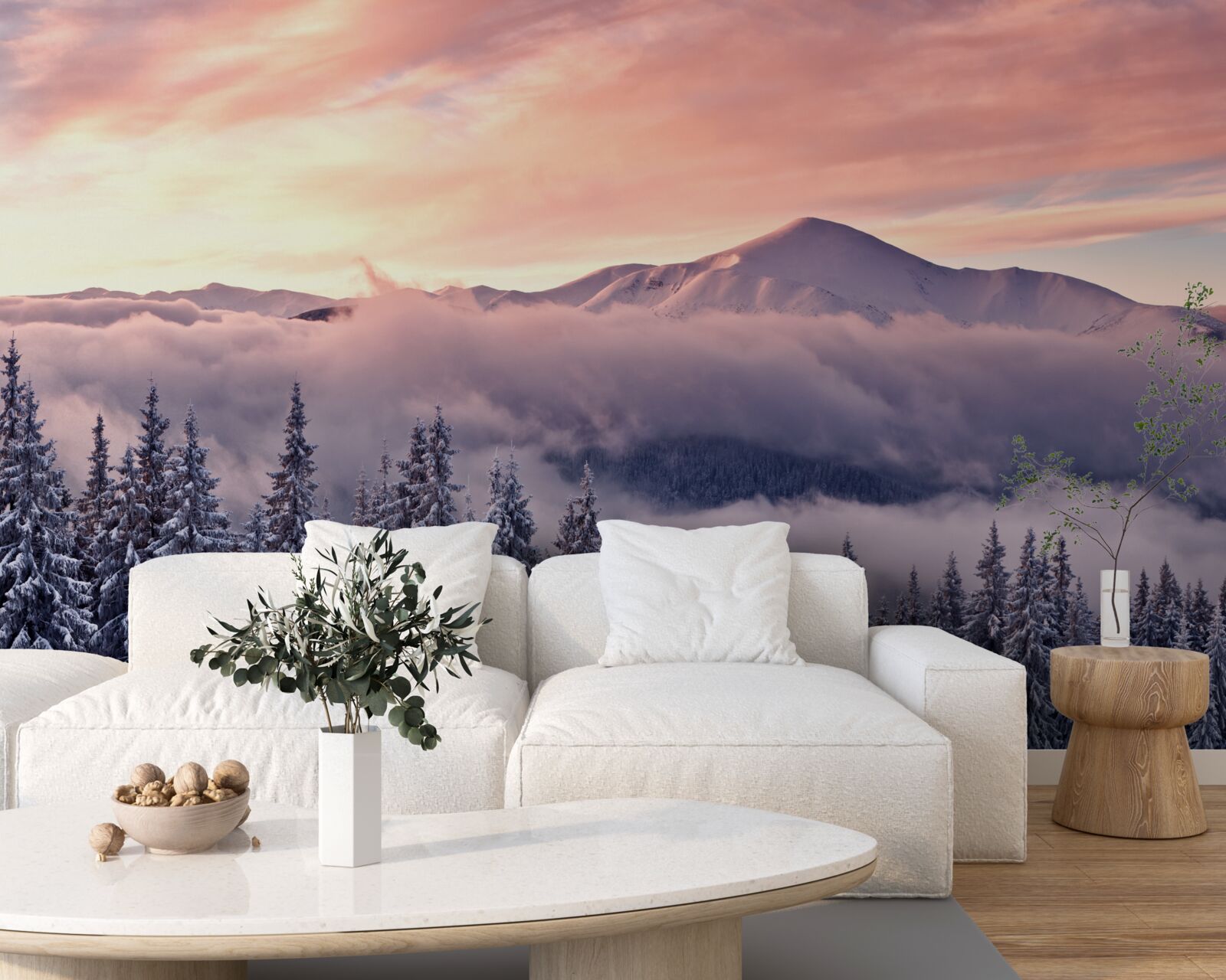 Fototapet apusul de soare învăluit în ceață în munți pictează spațiul în tonuri roz reci