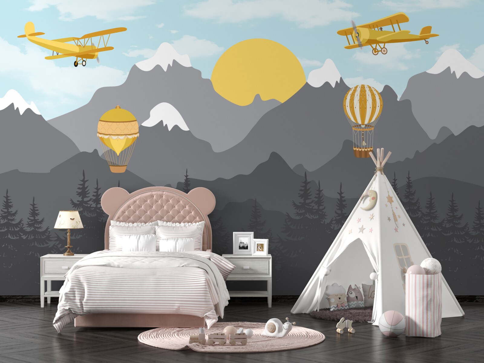 Fototapet zbor printre vârfuri în zori