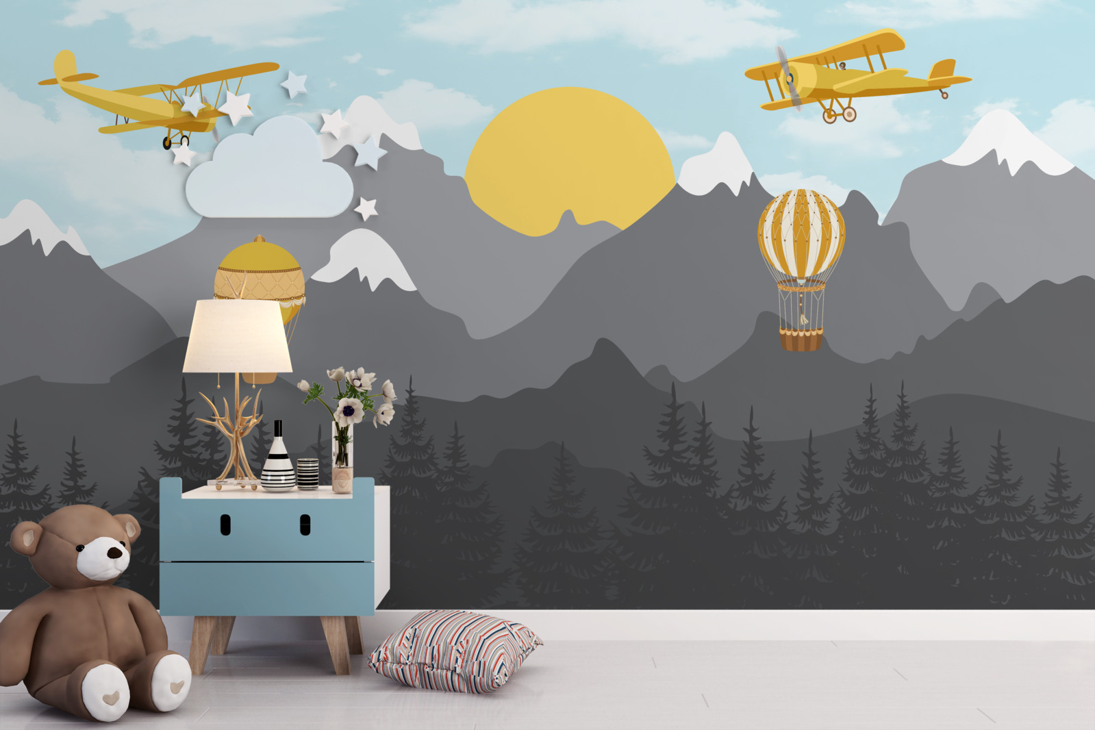 Fototapet zbor printre vârfuri în zori