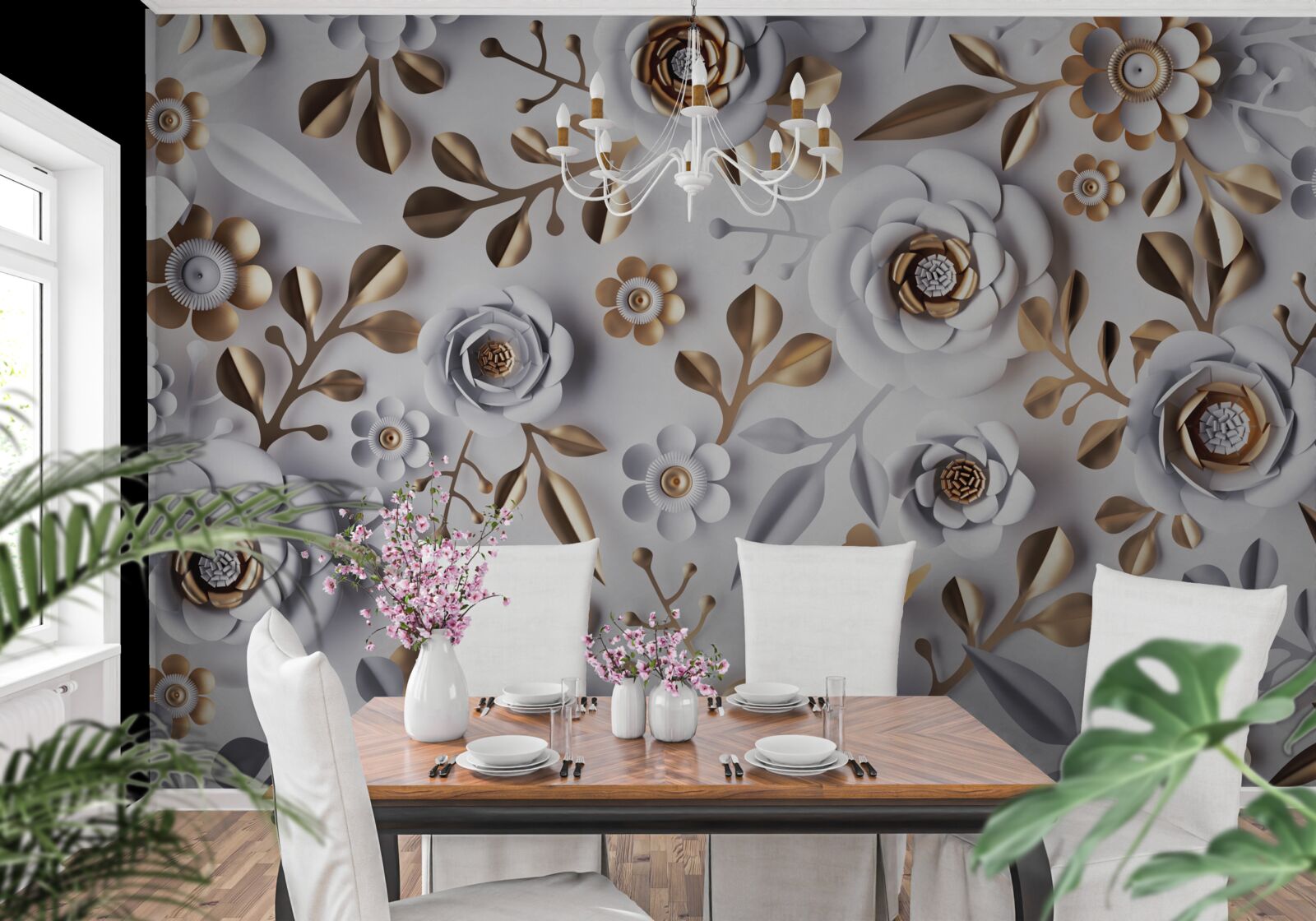 Fototapet frunze aurii și flori albe