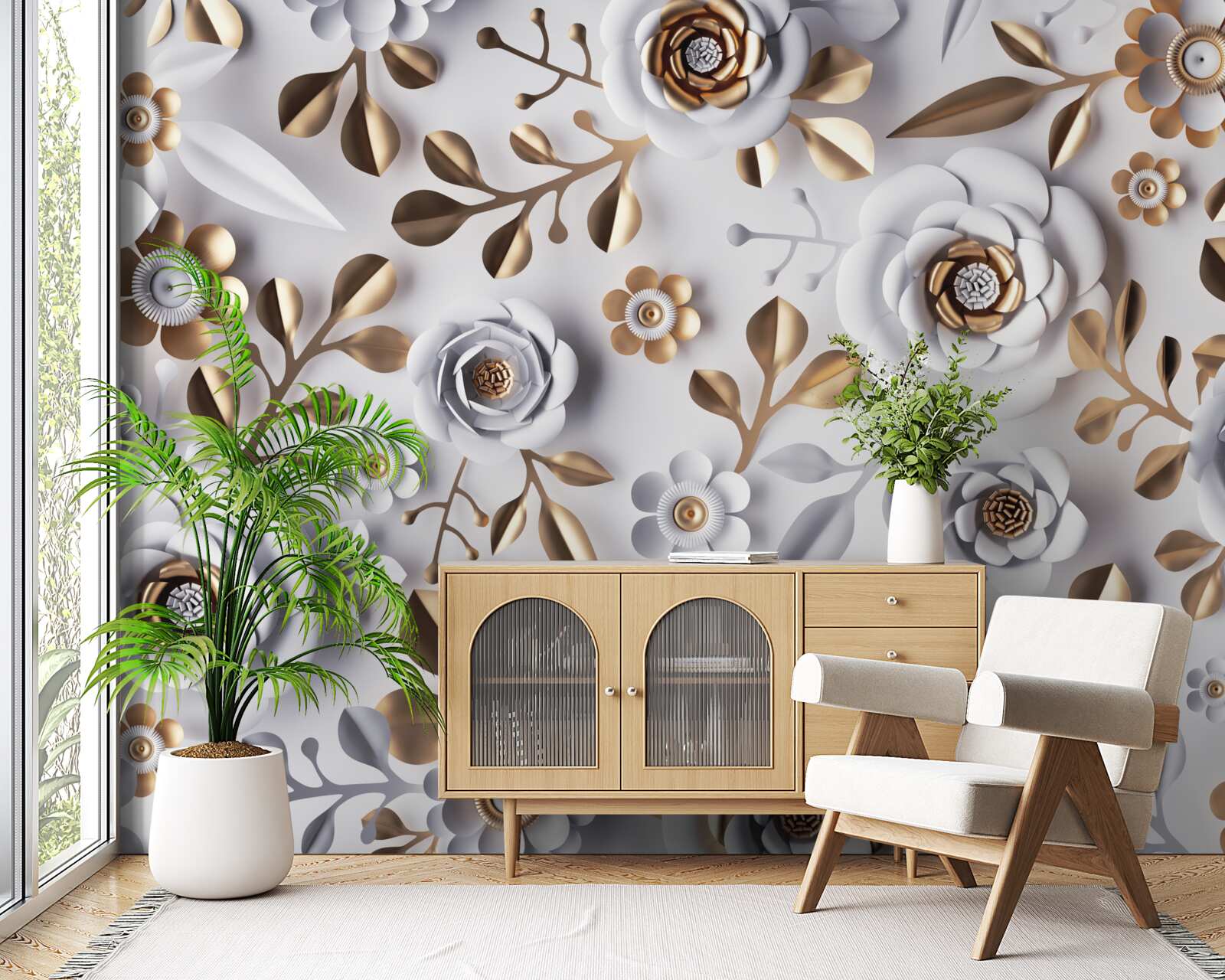 Fototapet frunze aurii și flori albe