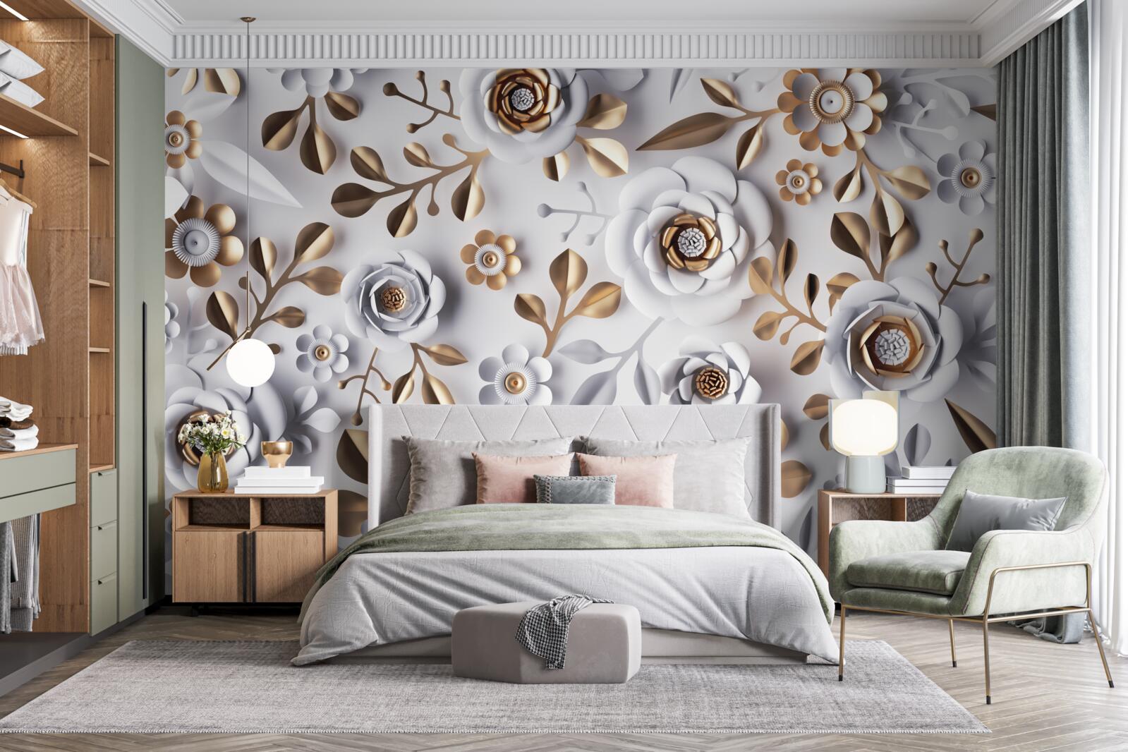 Fototapet frunze aurii și flori albe