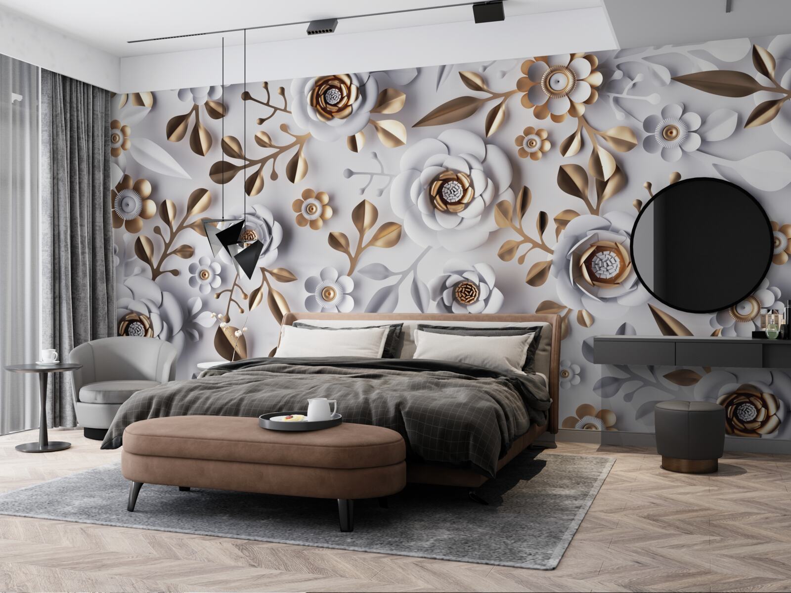 Fototapet frunze aurii și flori albe