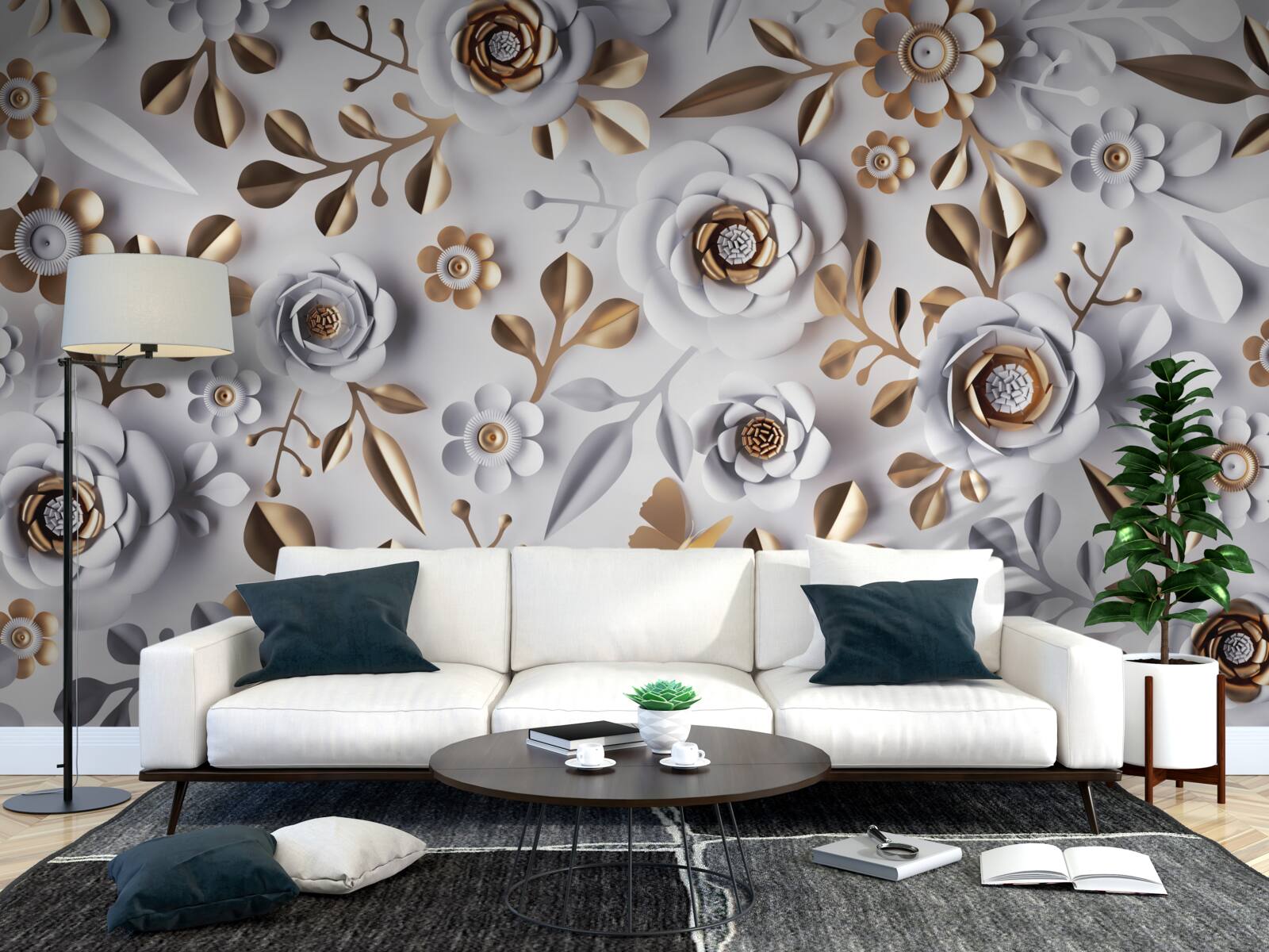 Fototapet frunze aurii și flori albe