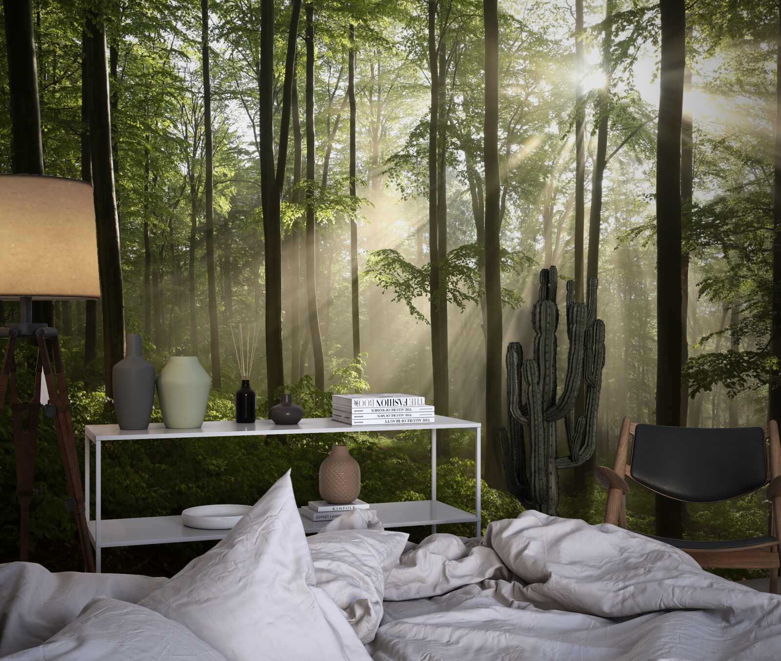 Fototapet razele soarelui pătrund în ceața din pădure