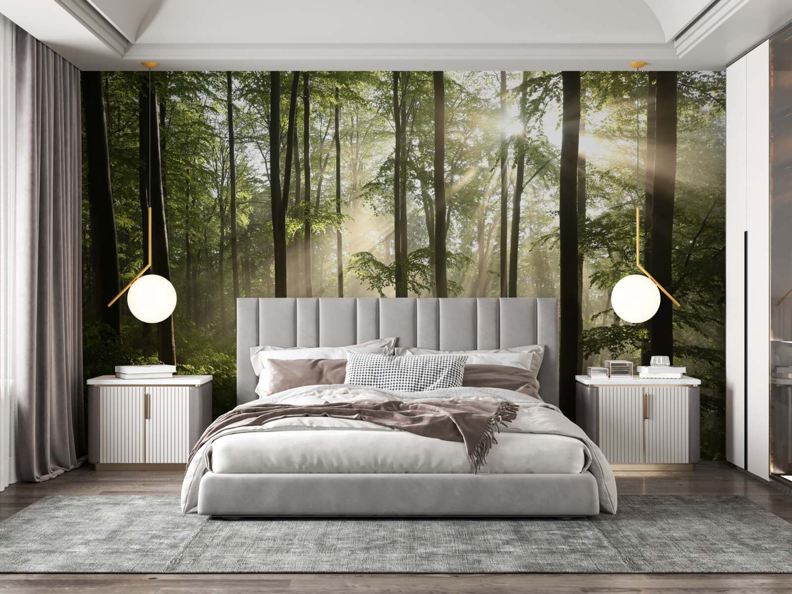 Fototapet razele soarelui pătrund în ceața din pădure