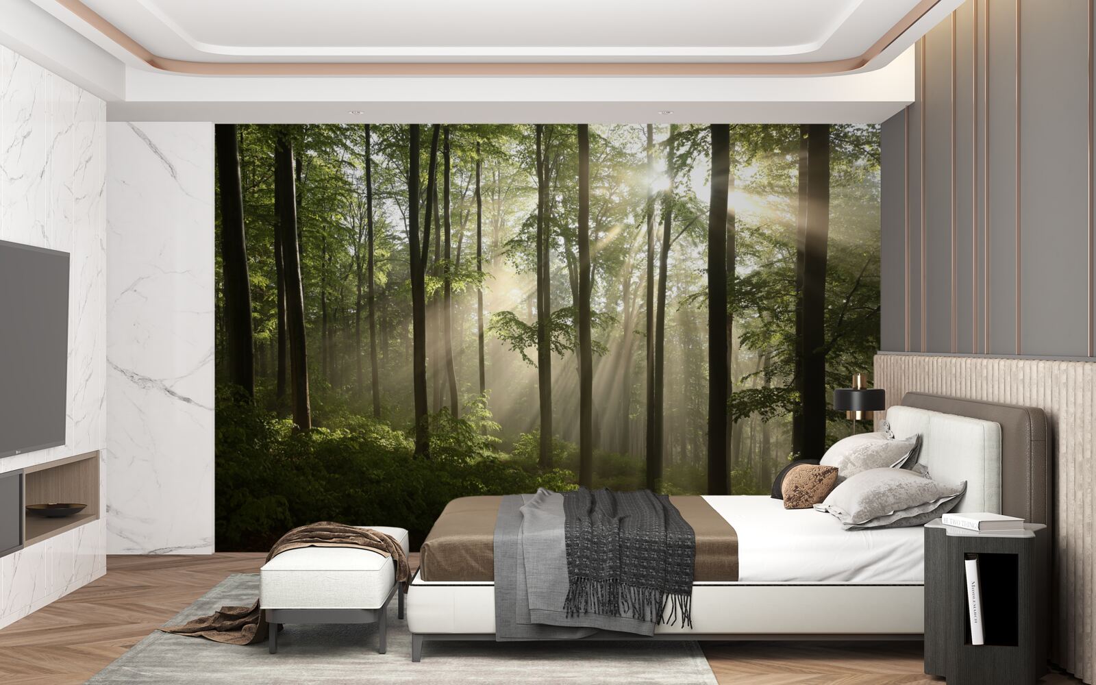 Fototapet razele soarelui pătrund în ceața din pădure