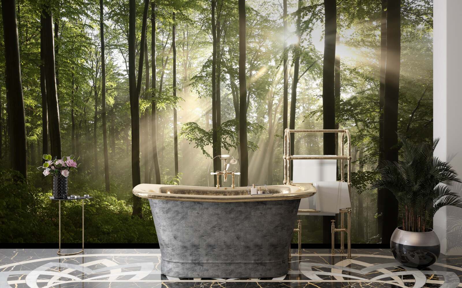 Fototapet razele soarelui pătrund în ceața din pădure