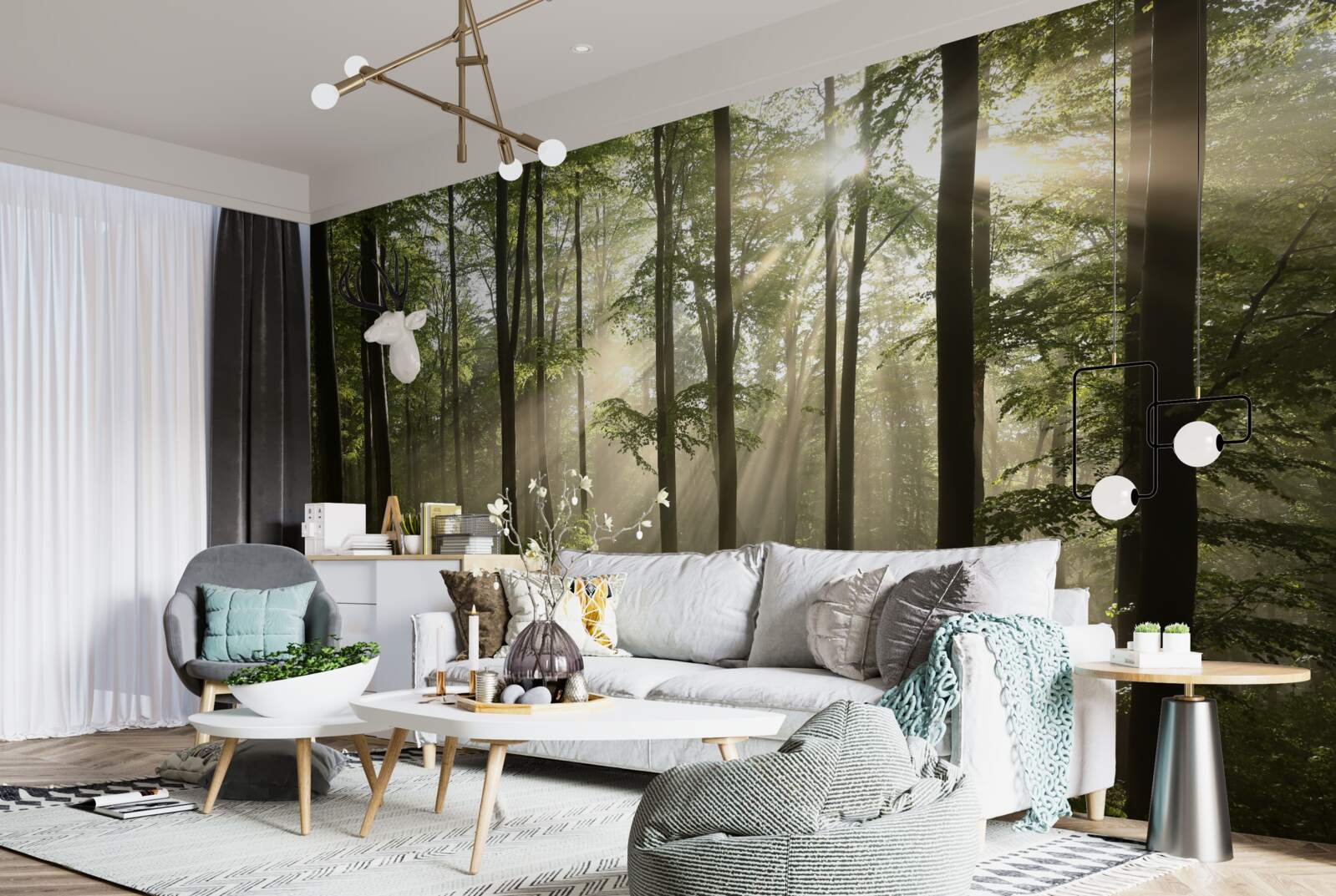 Fototapet razele soarelui pătrund în ceața din pădure