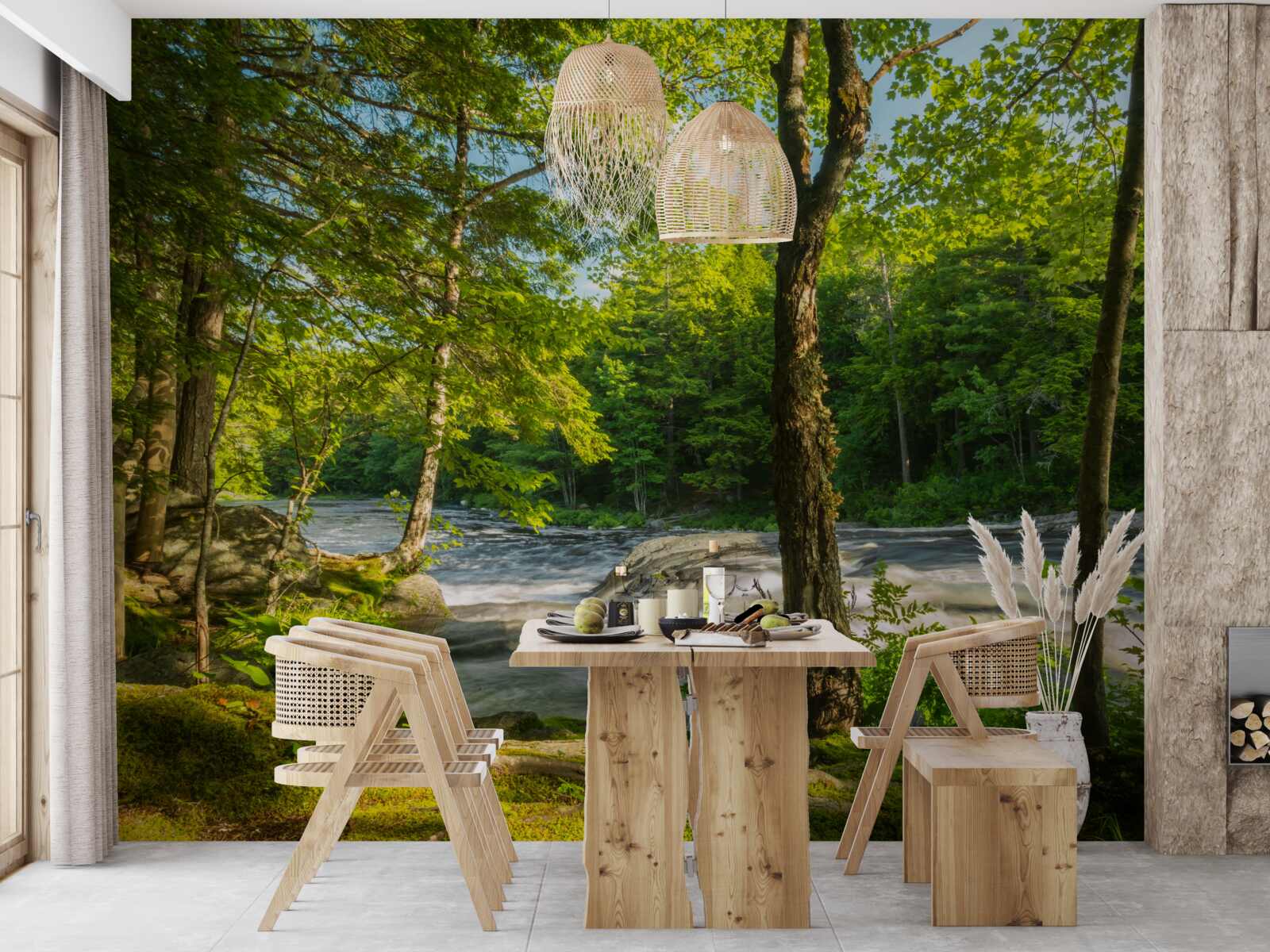 Fototapet un râu zgomotos din munți care curge printr-o pădure însorită