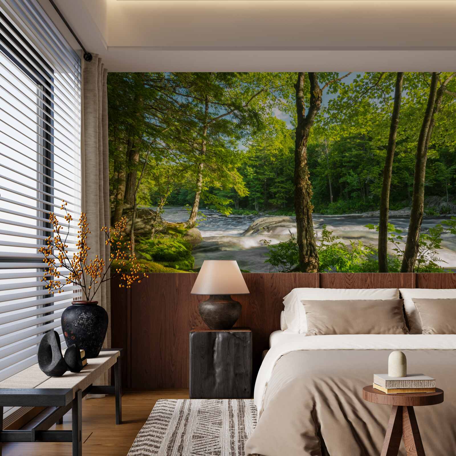 Fototapet un râu zgomotos din munți care curge printr-o pădure însorită