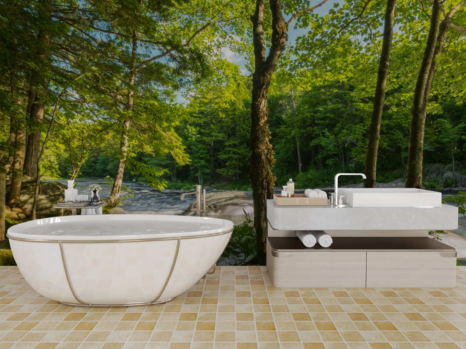 Fototapet un râu zgomotos din munți care curge printr-o pădure însorită