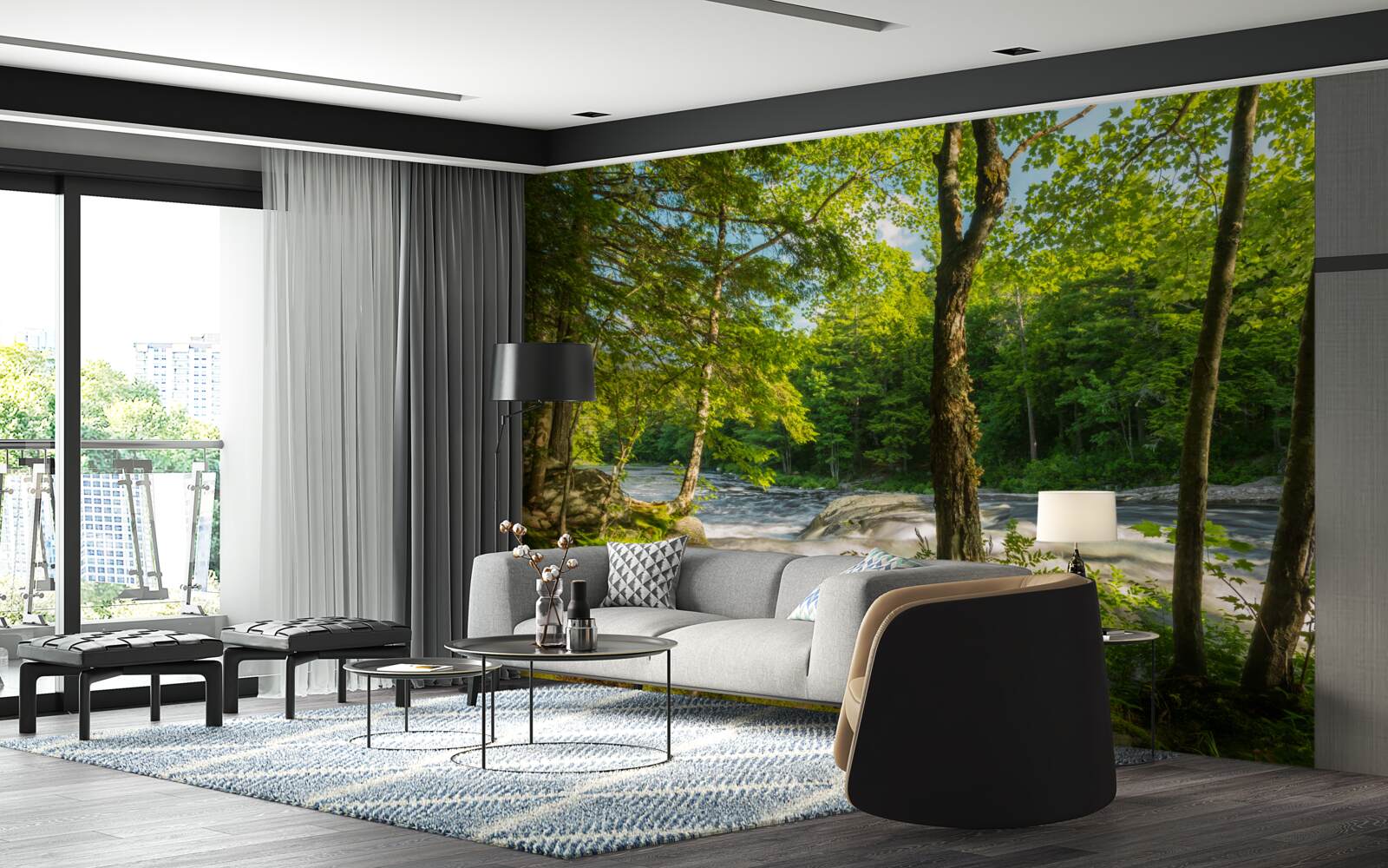 Fototapet un râu zgomotos din munți care curge printr-o pădure însorită