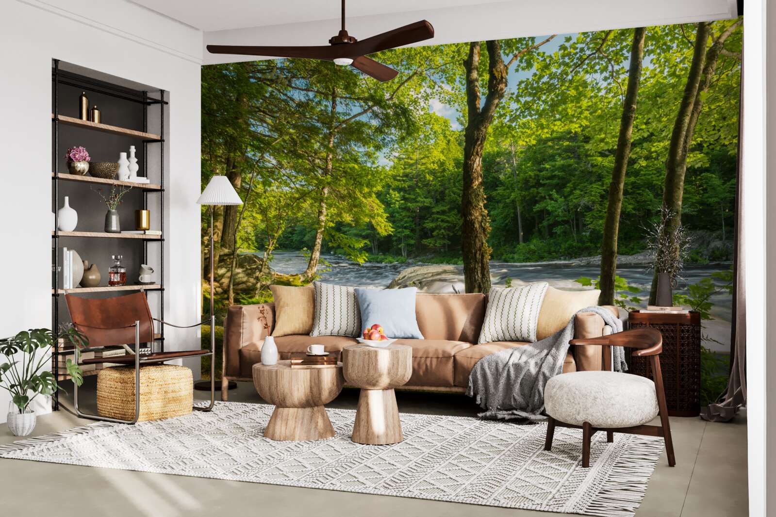 Fototapet un râu zgomotos din munți care curge printr-o pădure însorită