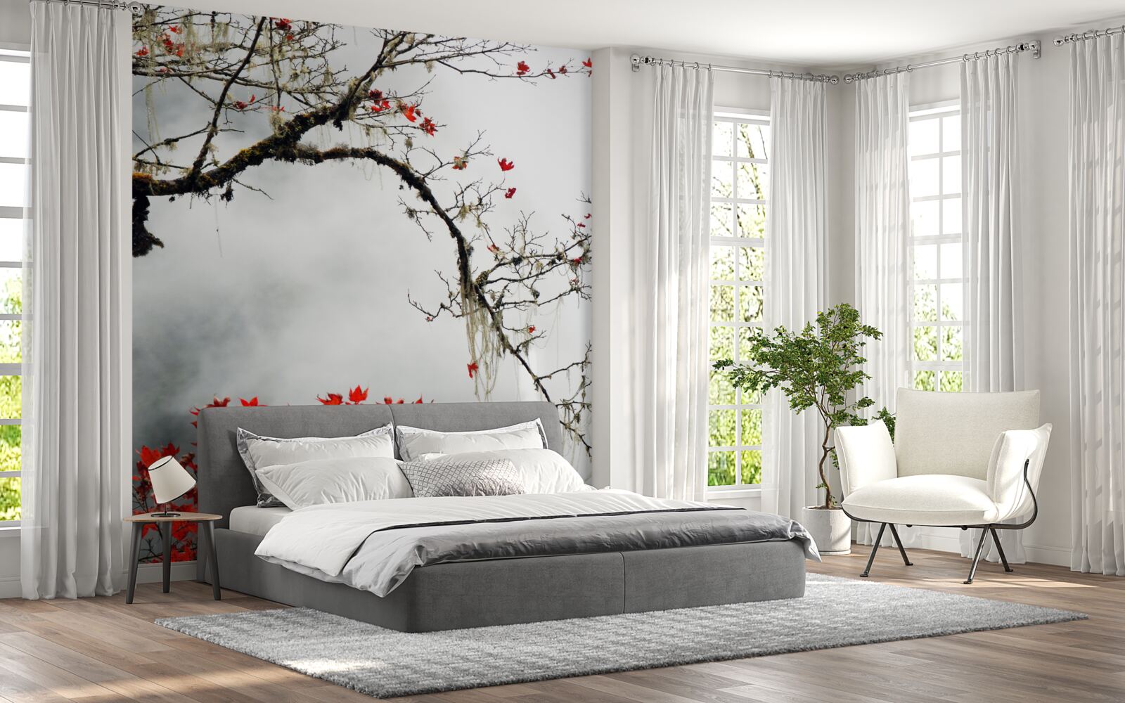 Fototapet ramură cu frunze în ceața de toamnă