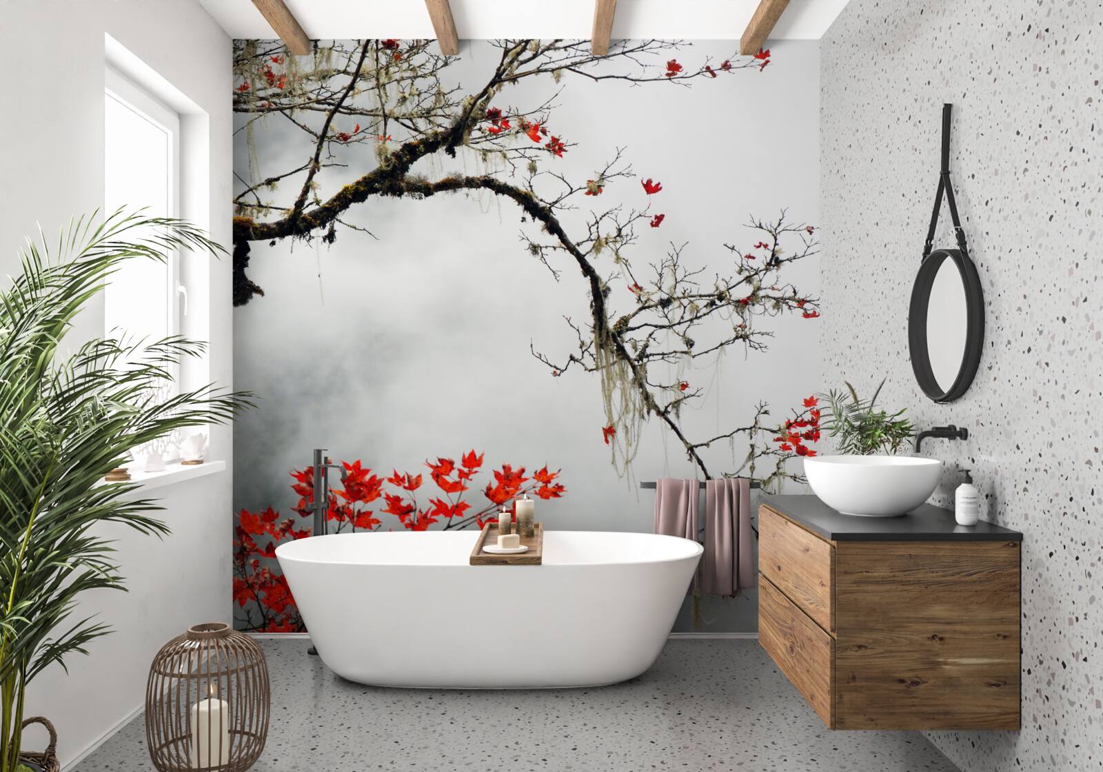 Fototapet ramură cu frunze în ceața de toamnă