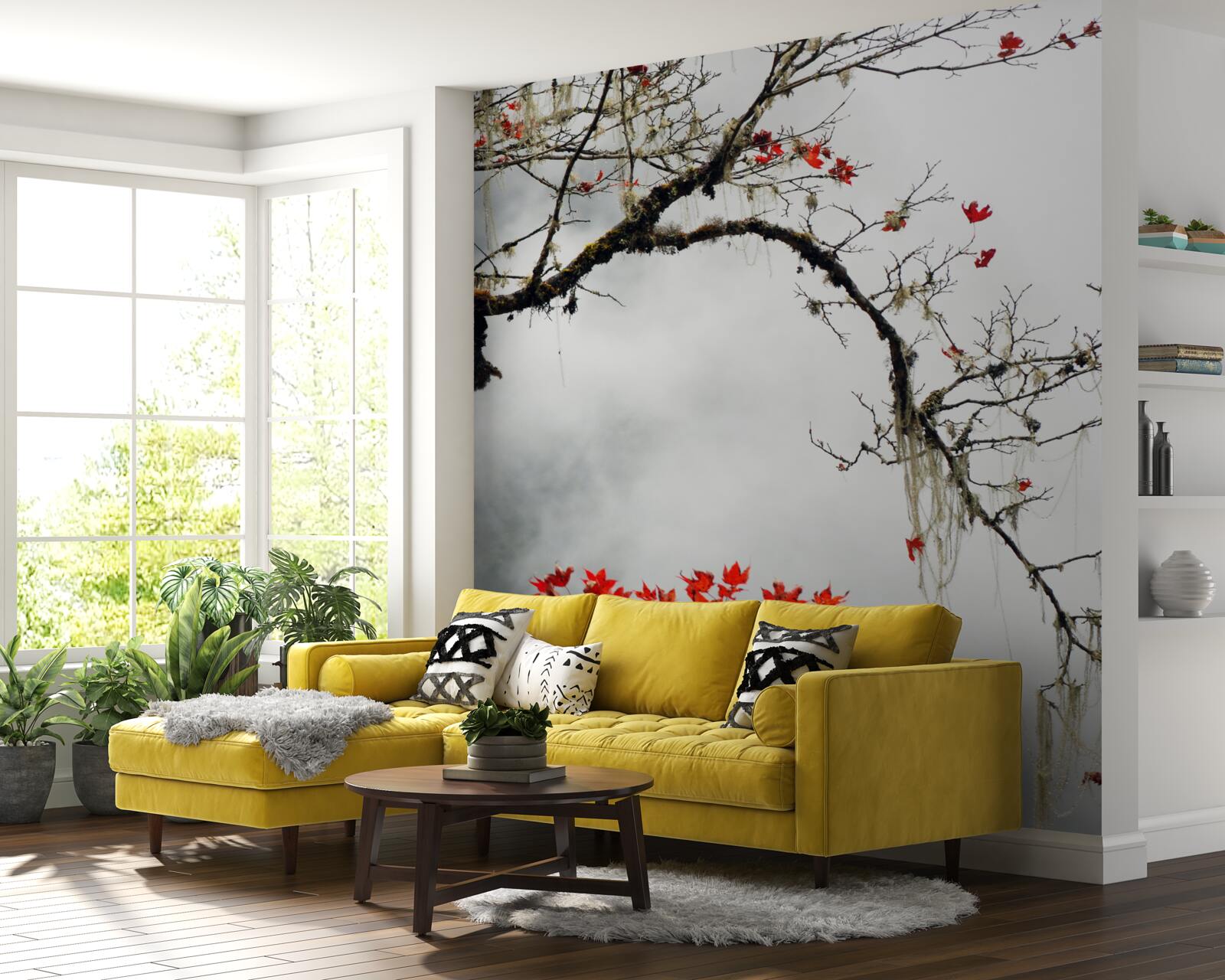 Fototapet ramură cu frunze în ceața de toamnă