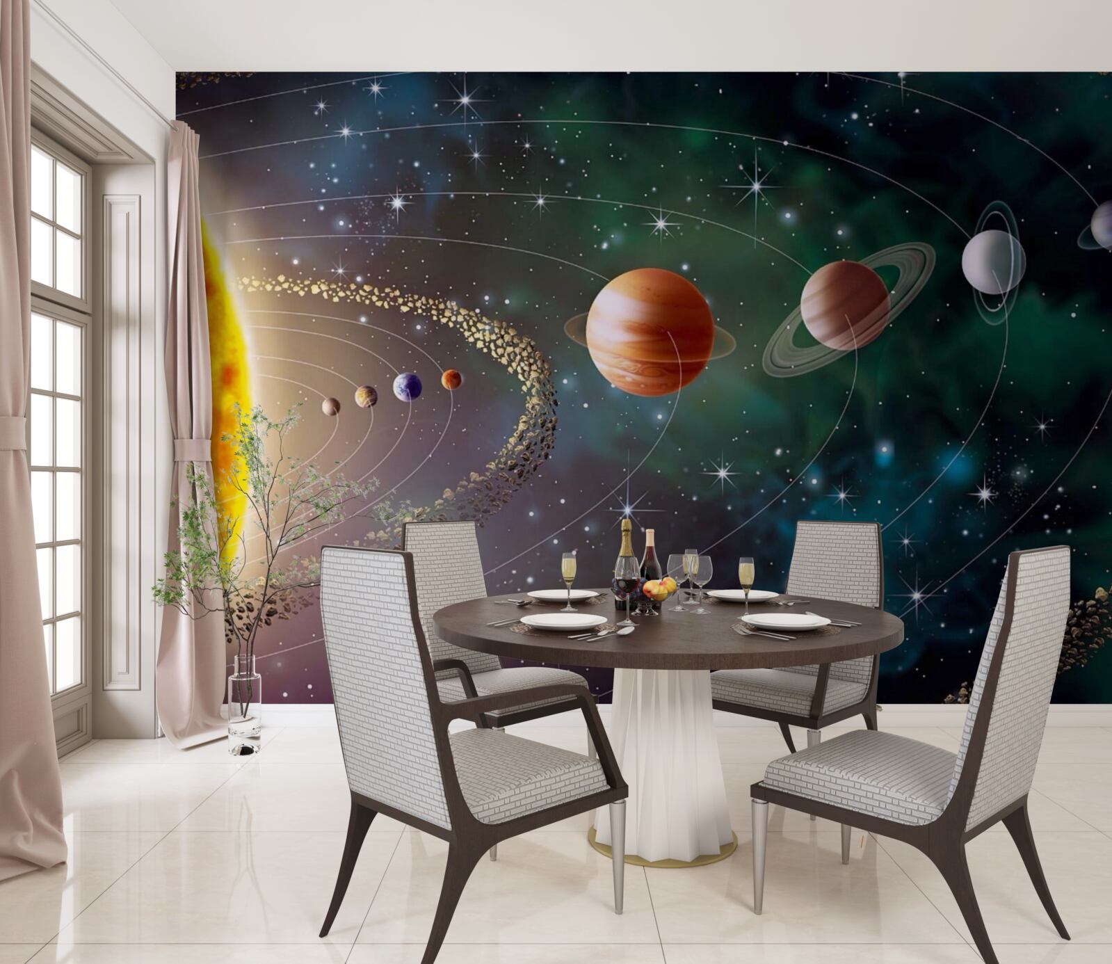 Fototapet procesiune cosmică de planete în fața unei stele