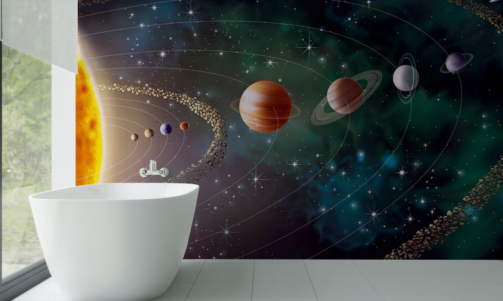 Fototapet procesiune cosmică de planete în fața unei stele