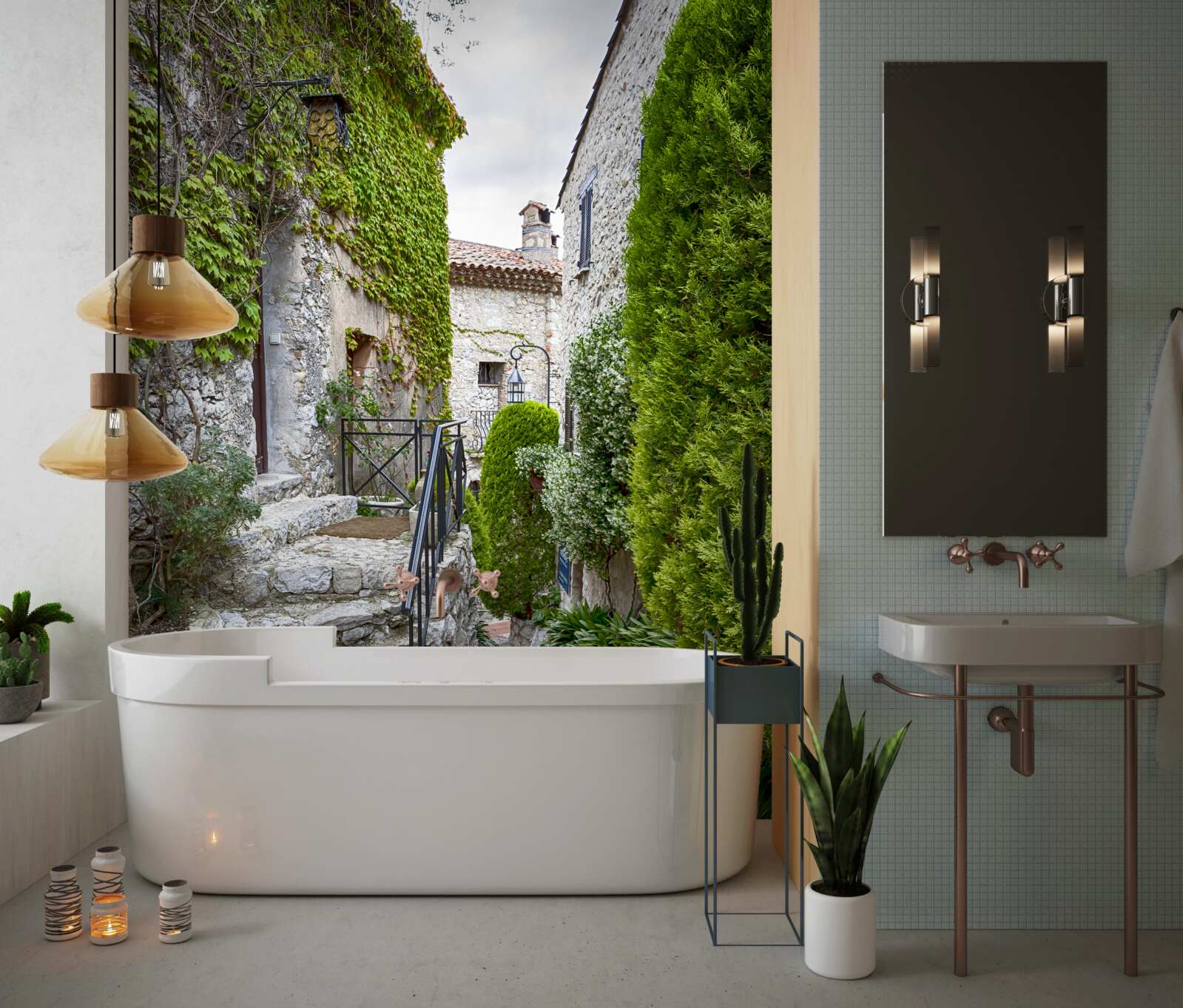 Fototapet o curte verde liniștită într-un oraș antic