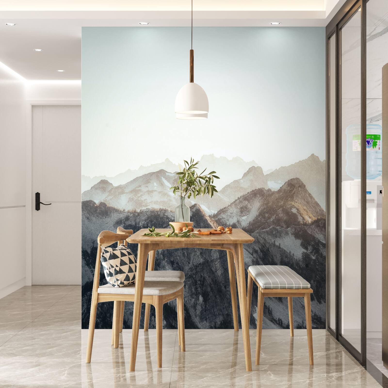 Fototapet în timpul zilei, vârfurile munților acoperite cu zăpadă arată ingenios