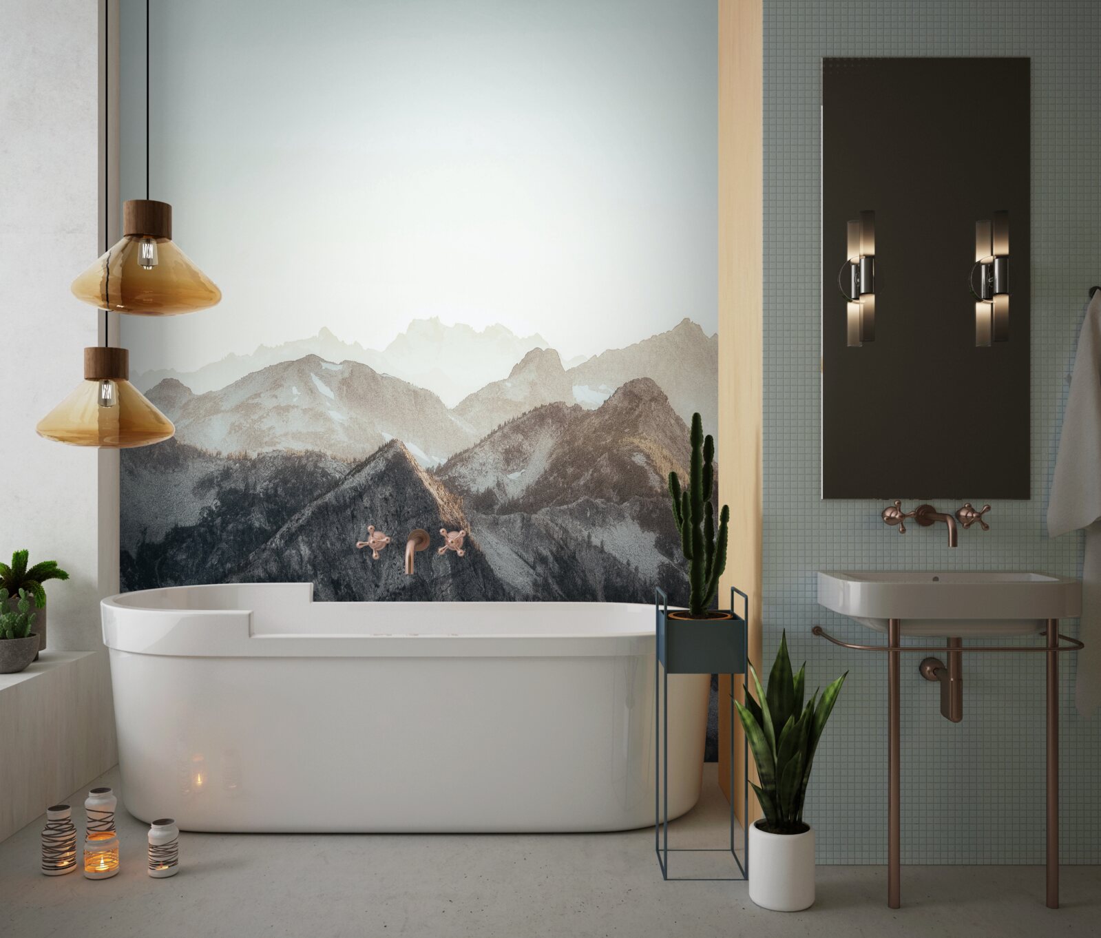 Fototapet în timpul zilei, vârfurile munților acoperite cu zăpadă arată ingenios