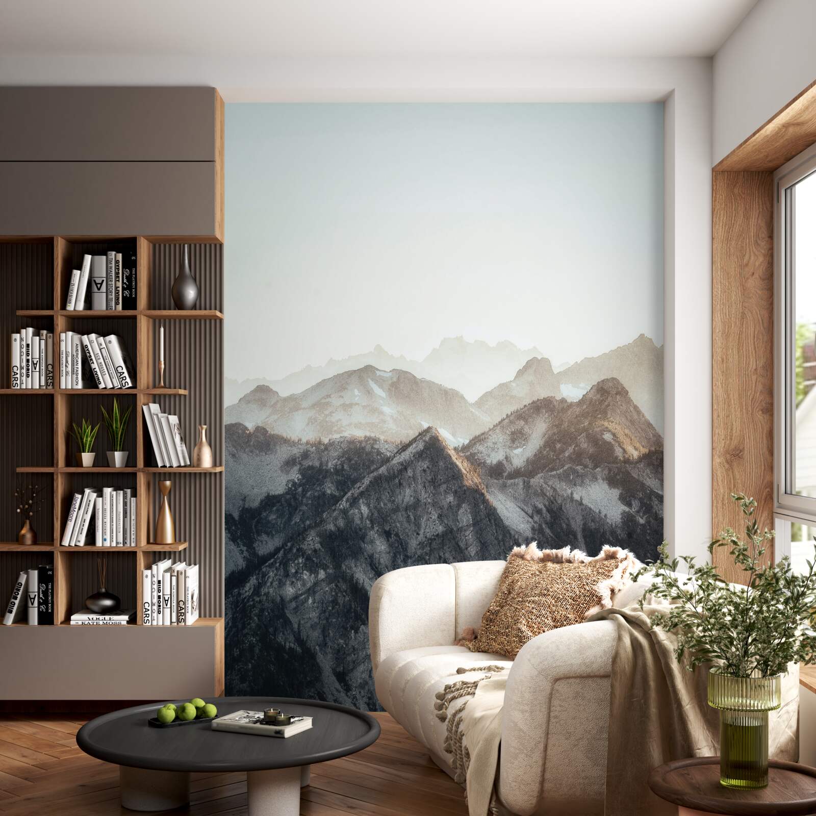 Fototapet în timpul zilei, vârfurile munților acoperite cu zăpadă arată ingenios