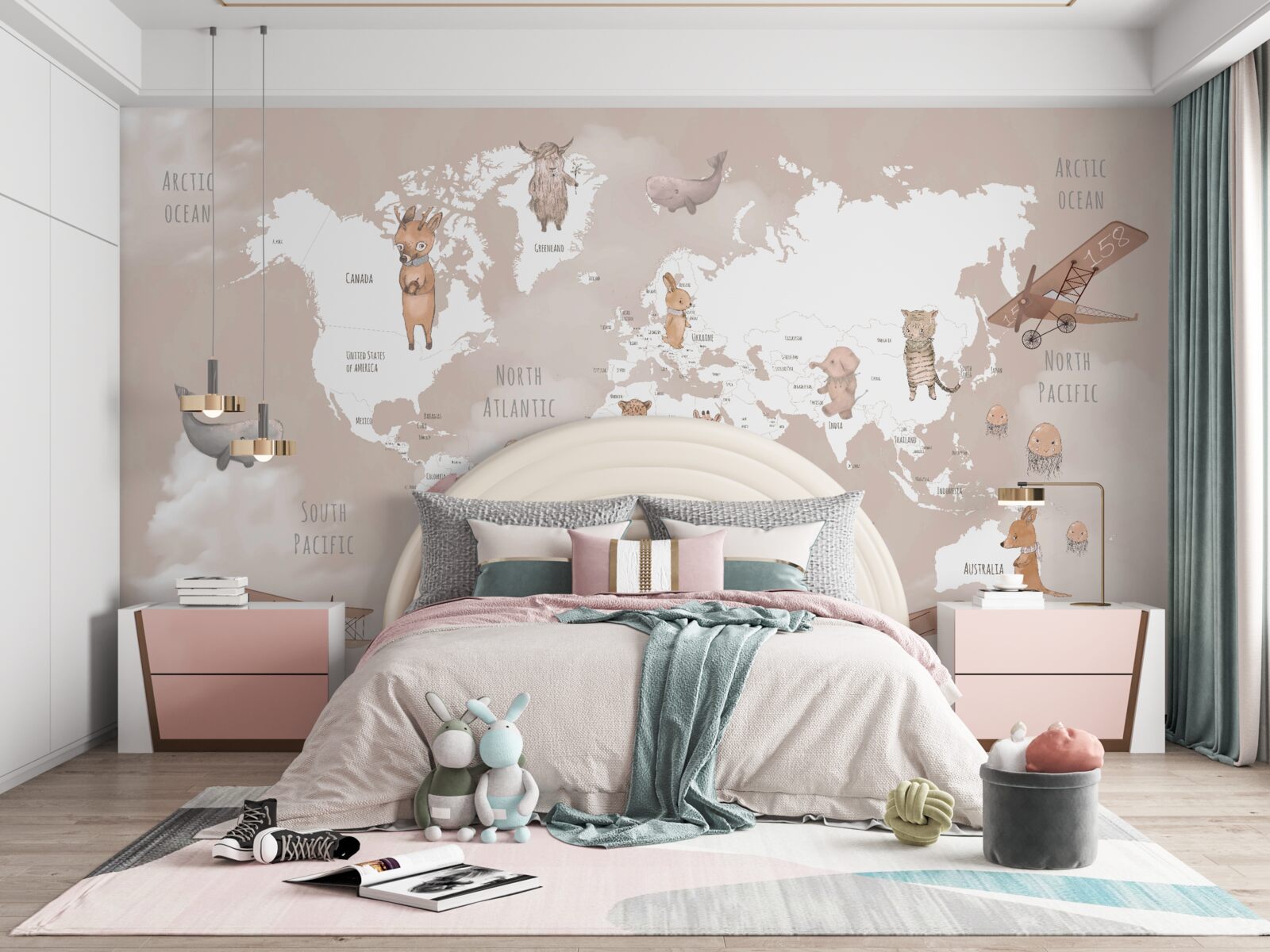 Fototapet hartă a lumii cu imagini de animale și aeronave