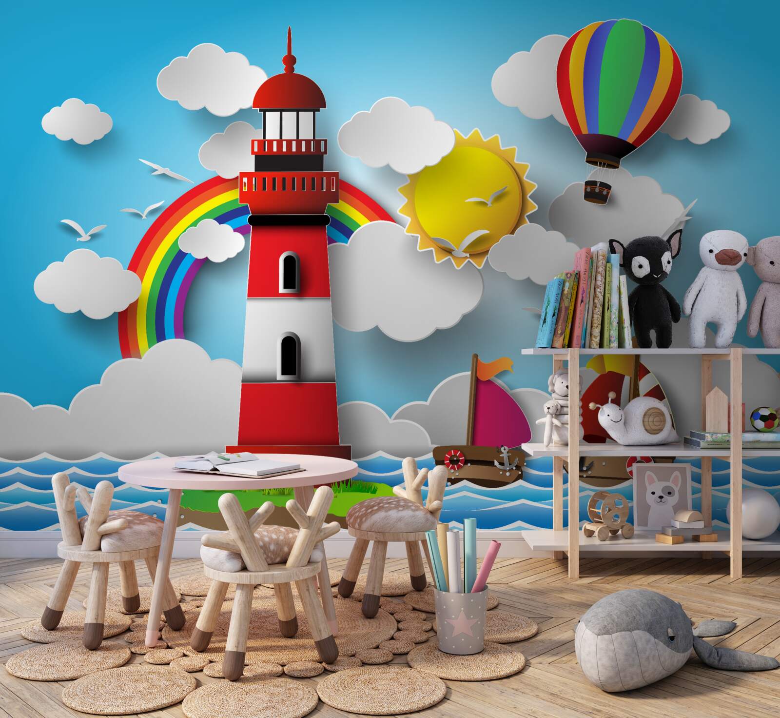 Fototapet un far luminos iluminează iahturile care navighează în apropiere