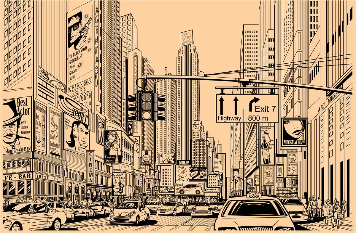 Fototapet time square desen pe hârtie în creion