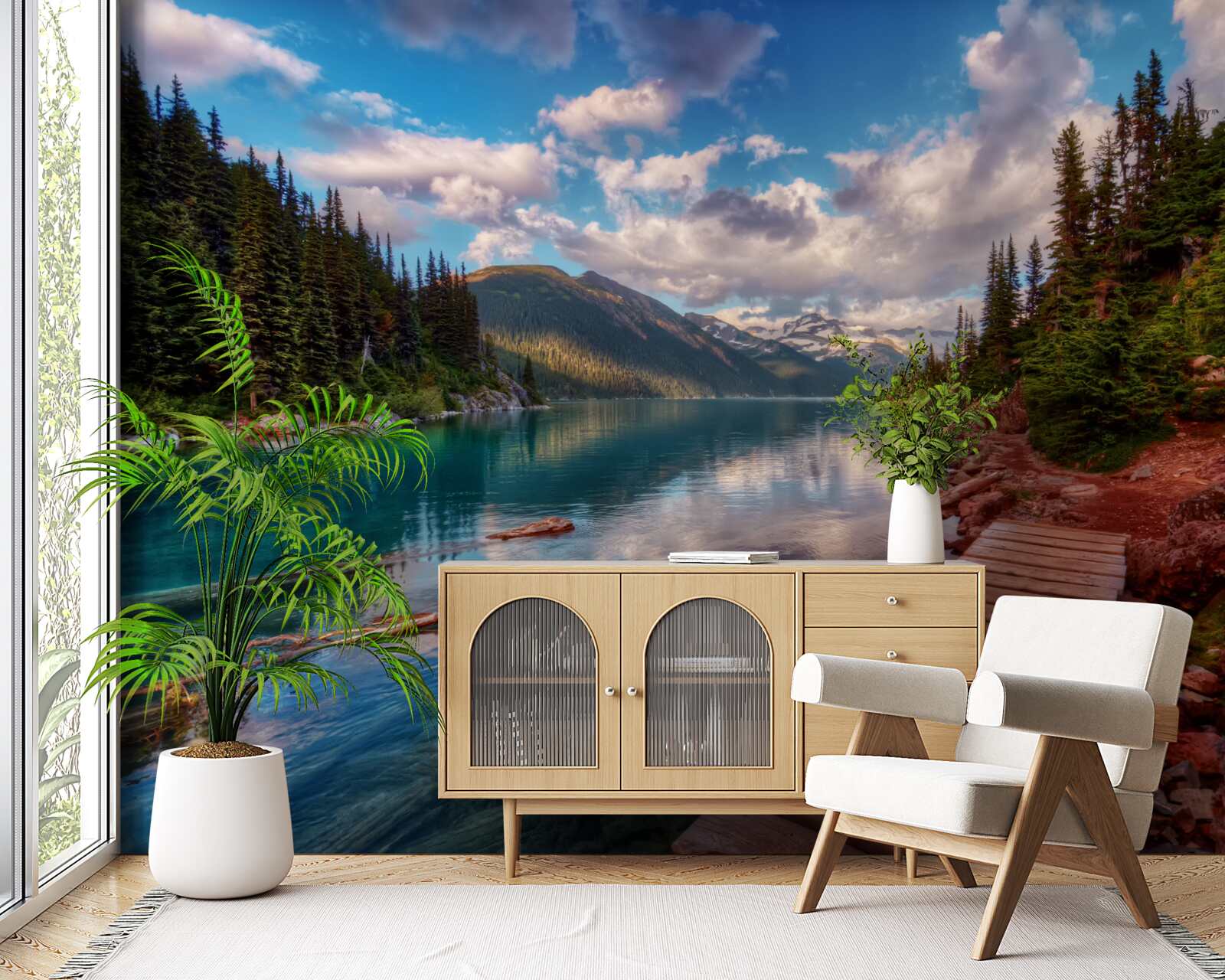 Fototapet un pod situat în pădure, lângă un rezervor montan