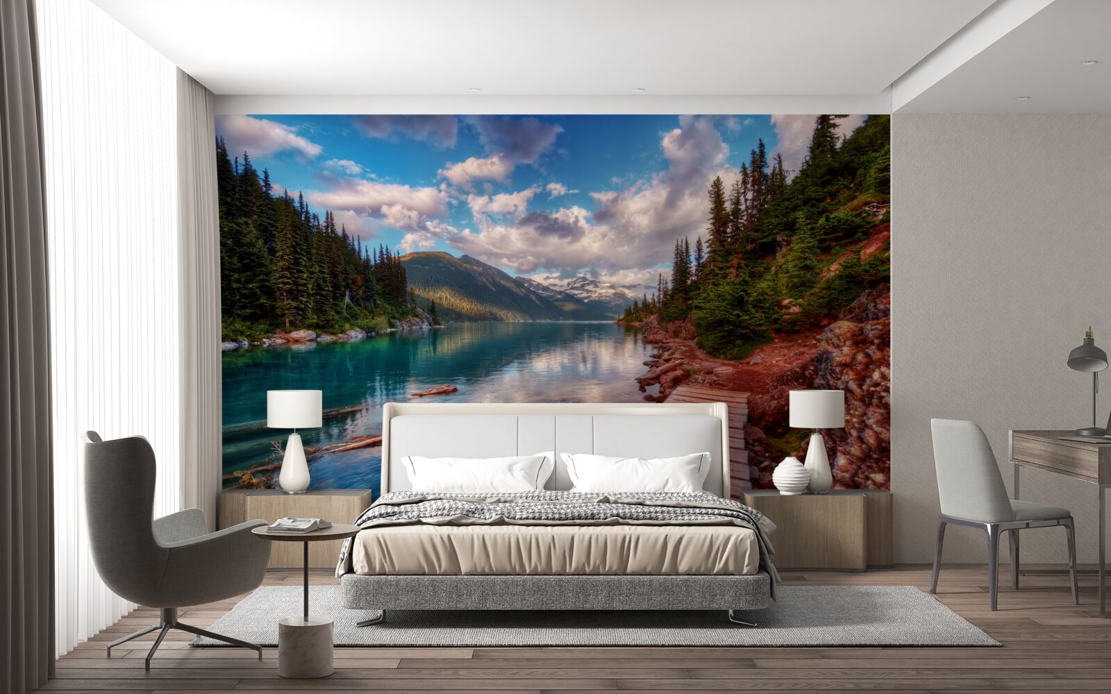 Fototapet un pod situat în pădure, lângă un rezervor montan