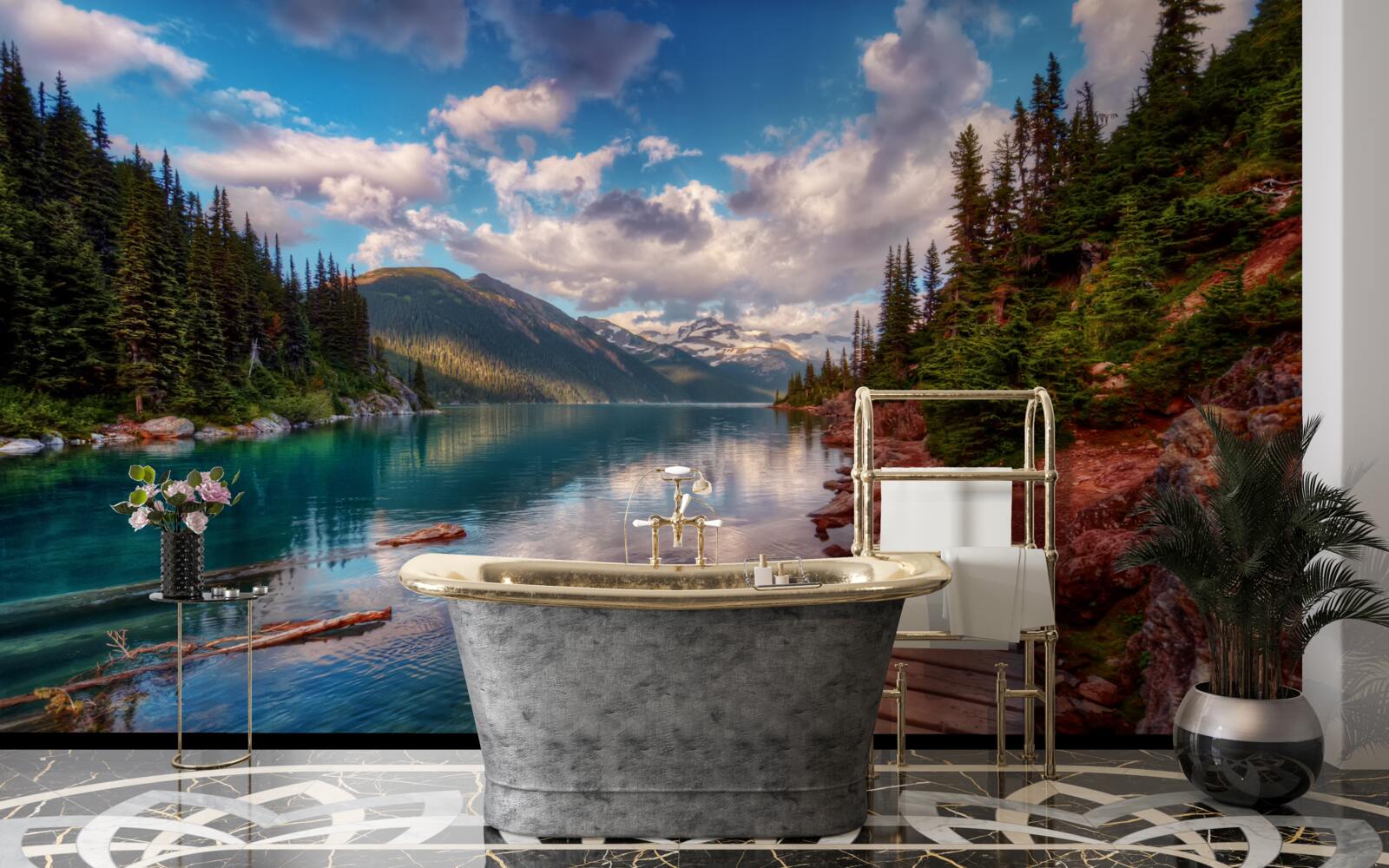 Fototapet un pod situat în pădure, lângă un rezervor montan