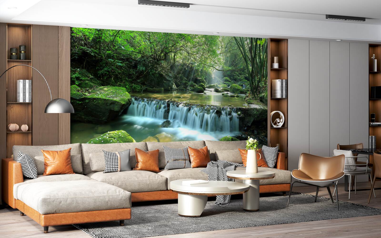 Fototapet cascada se revarsă zgomotos printre verdeață, luminată de razele soarelui