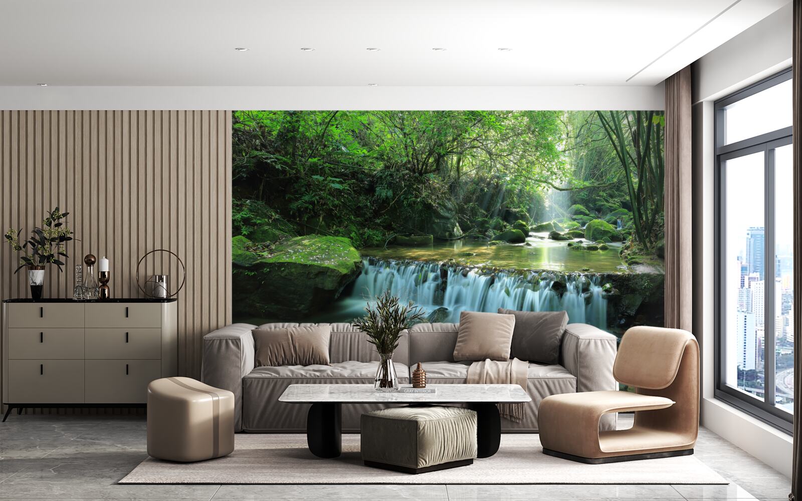 Fototapet cascada se revarsă zgomotos printre verdeață, luminată de razele soarelui