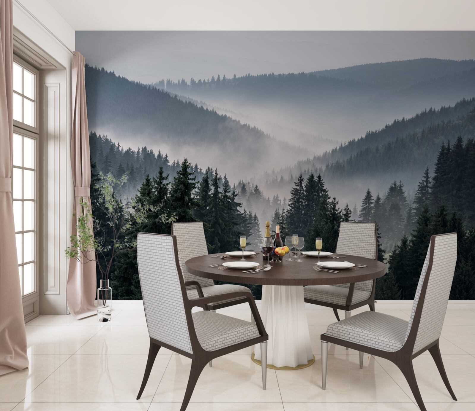 Fototapet pădurea montană de conifere este ascunsă sub un strat de ceață densă