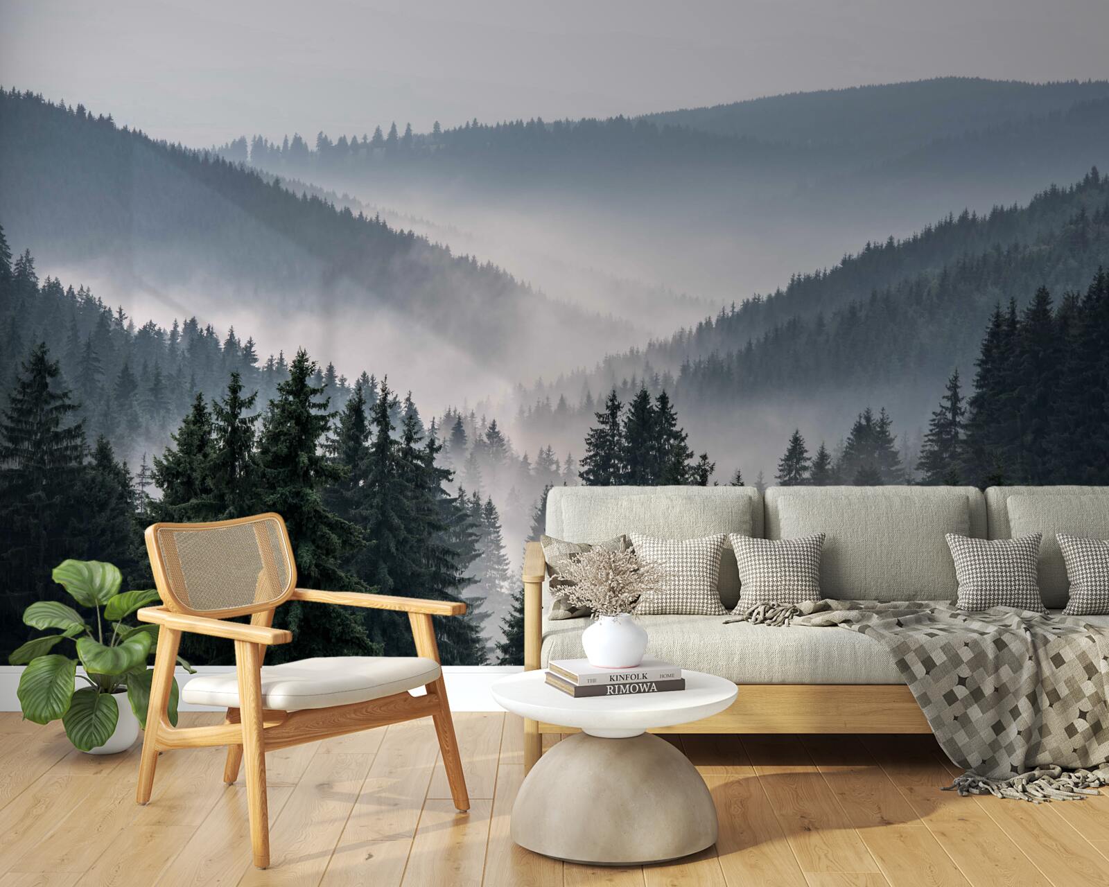 Fototapet pădurea montană de conifere este ascunsă sub un strat de ceață densă