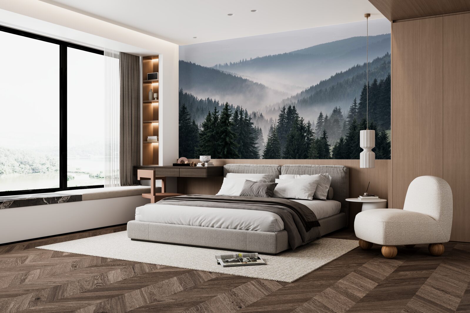 Fototapet pădurea montană de conifere este ascunsă sub un strat de ceață densă