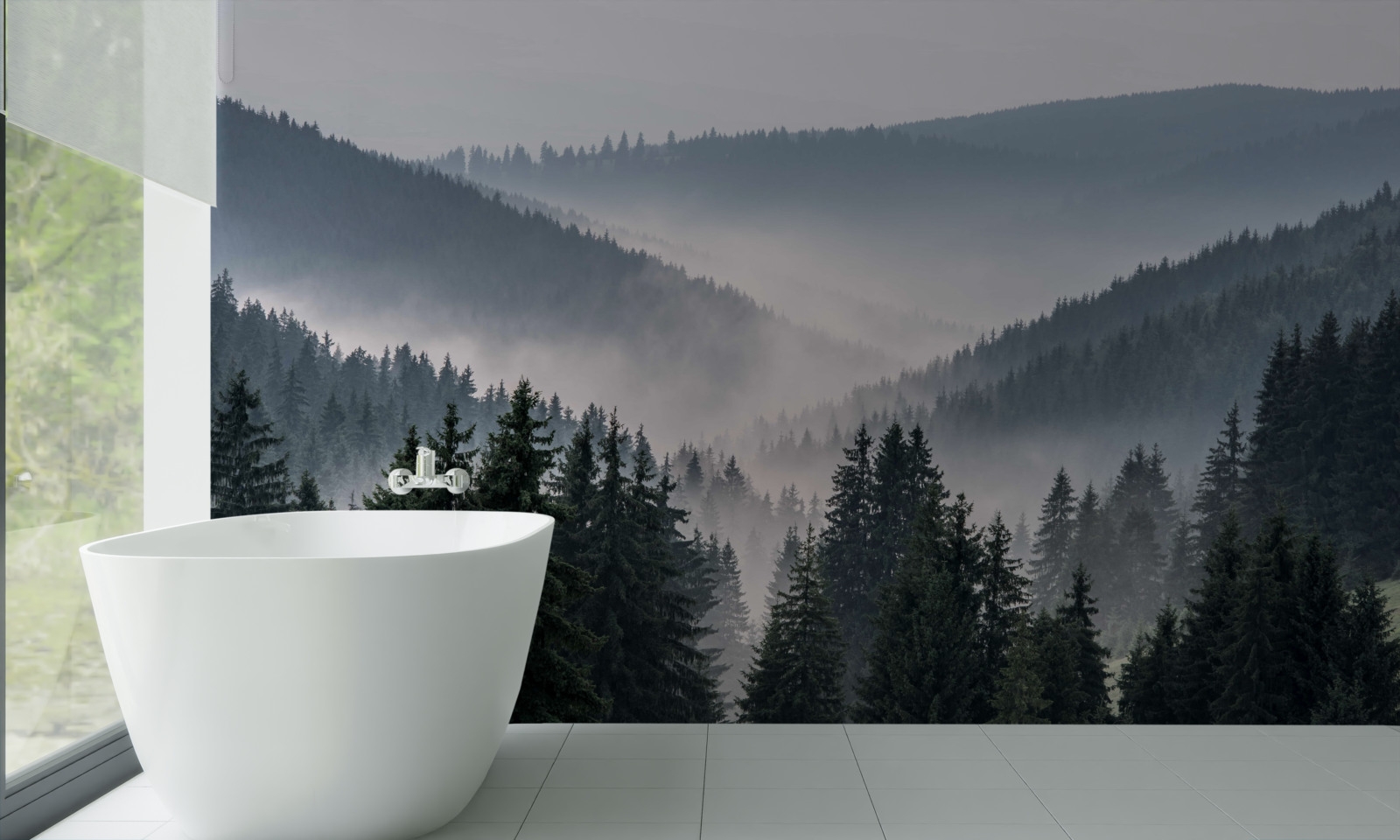 Fototapet pădurea montană de conifere este ascunsă sub un strat de ceață densă