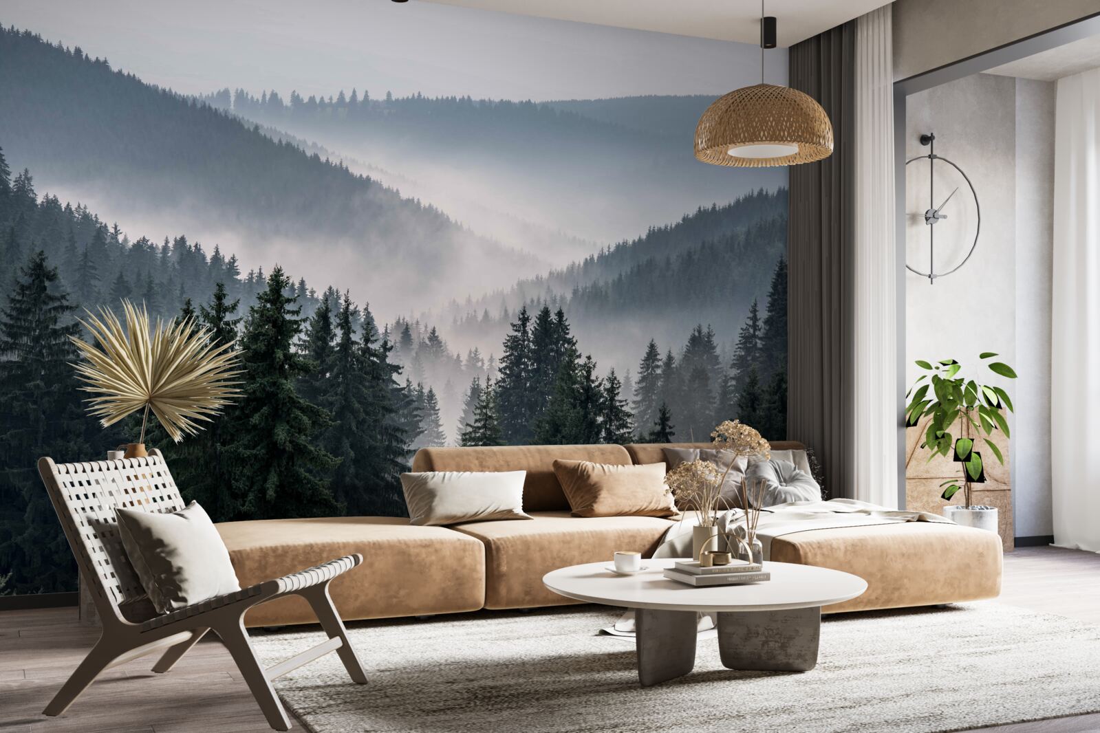 Fototapet pădurea montană de conifere este ascunsă sub un strat de ceață densă