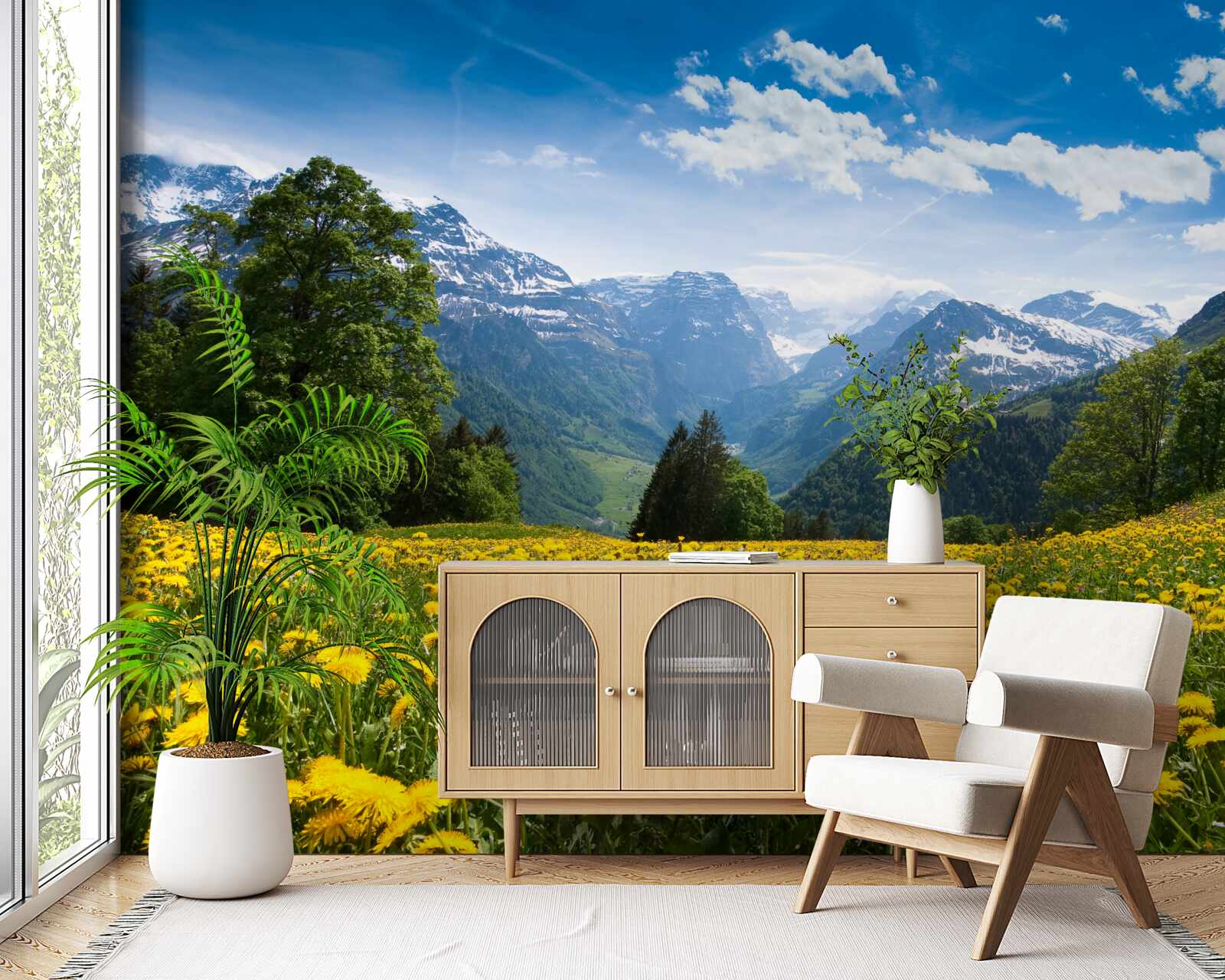 Fototapet peisaj montan cu un câmp de maci decorat cu păpădii galbene