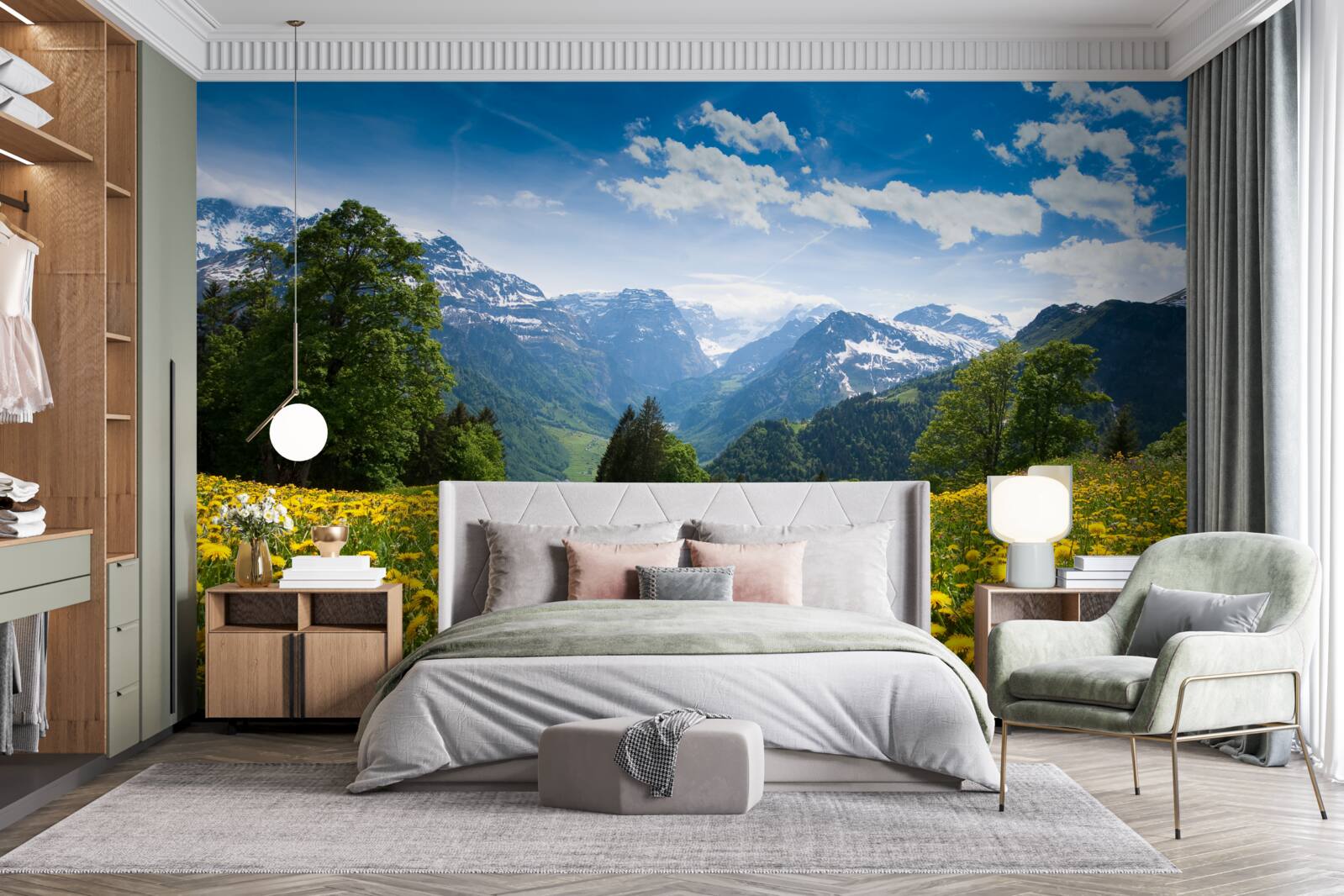 Fototapet peisaj montan cu un câmp de maci decorat cu păpădii galbene