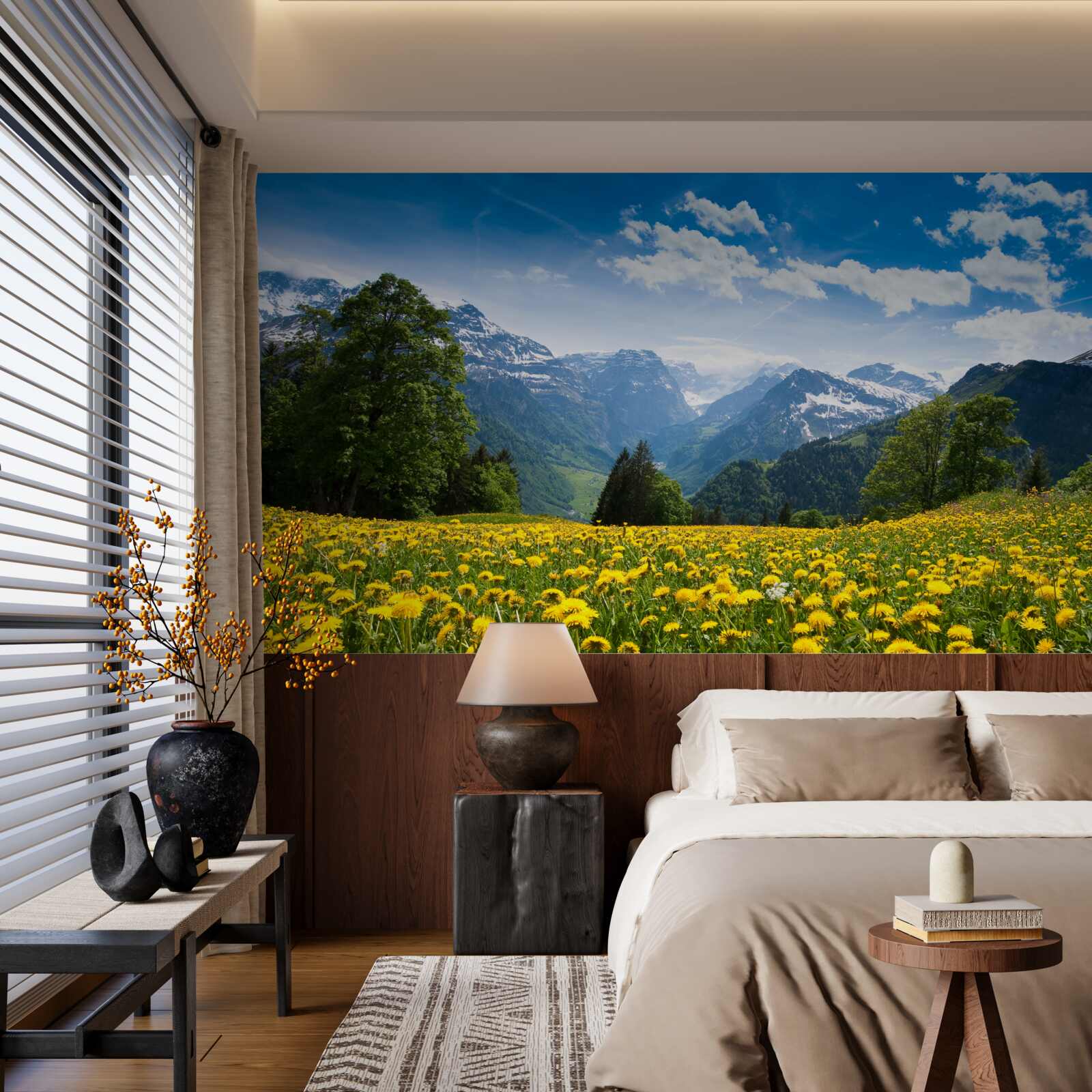 Fototapet peisaj montan cu un câmp de maci decorat cu păpădii galbene